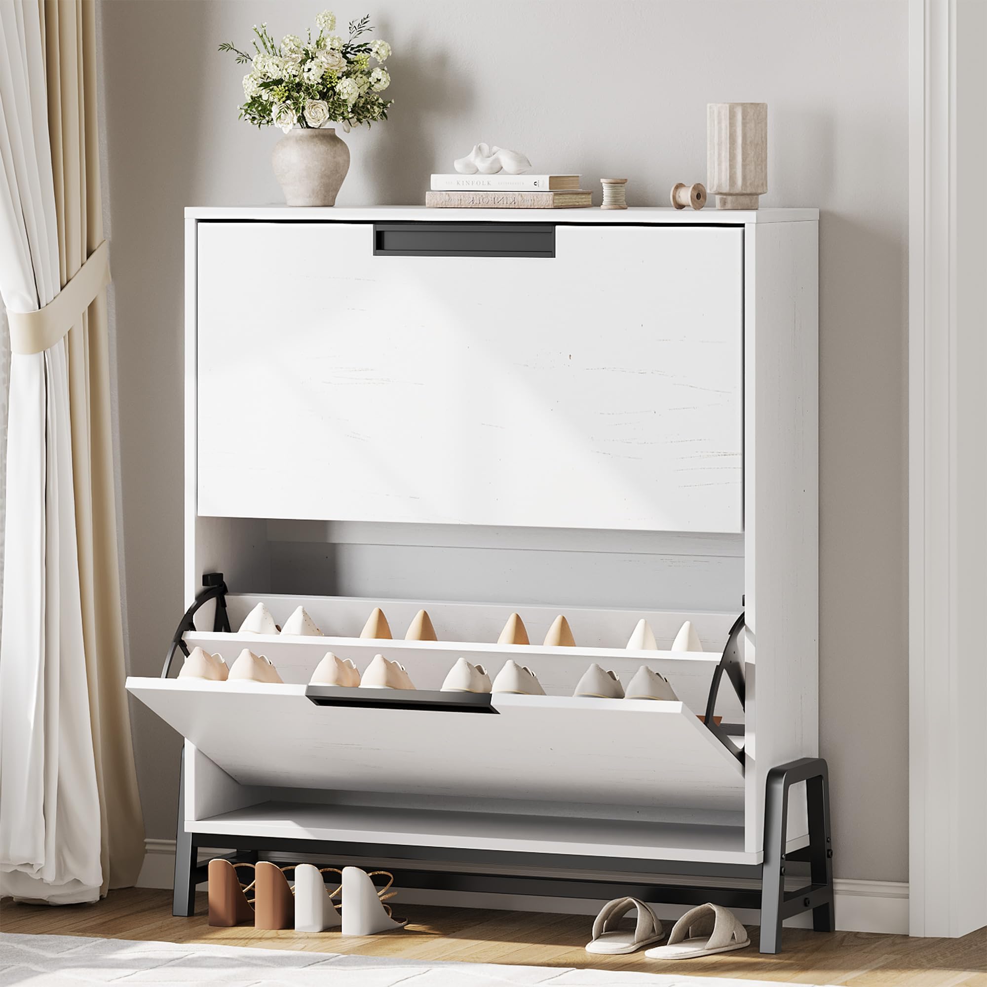 Garvee Shoe Cabinet Storage with 2 Flip Drawers Hidden Shoe Storage Cabinet for Entryway Adjustable Shoes Rack for Home Hallway Living Room 9.5 Inches Depth 31.5 Inches Width  37 Inches Height