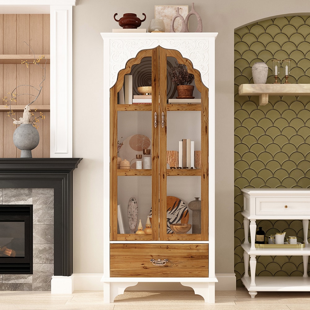 Homsee V-KF390036-01 Tall White MDF Bookcase with Drawer and Acrylic Doors Victorian Style Display Cabinet for Living Room or Entryway
