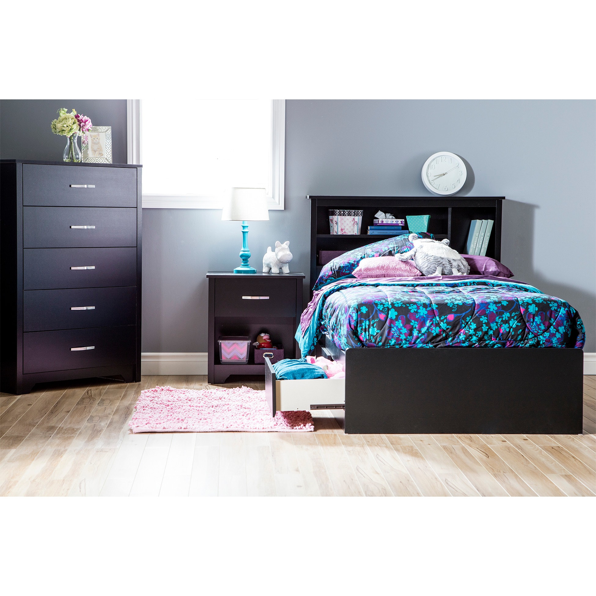 Pure Black Twin Wood Platform Bed with 3 Drawers