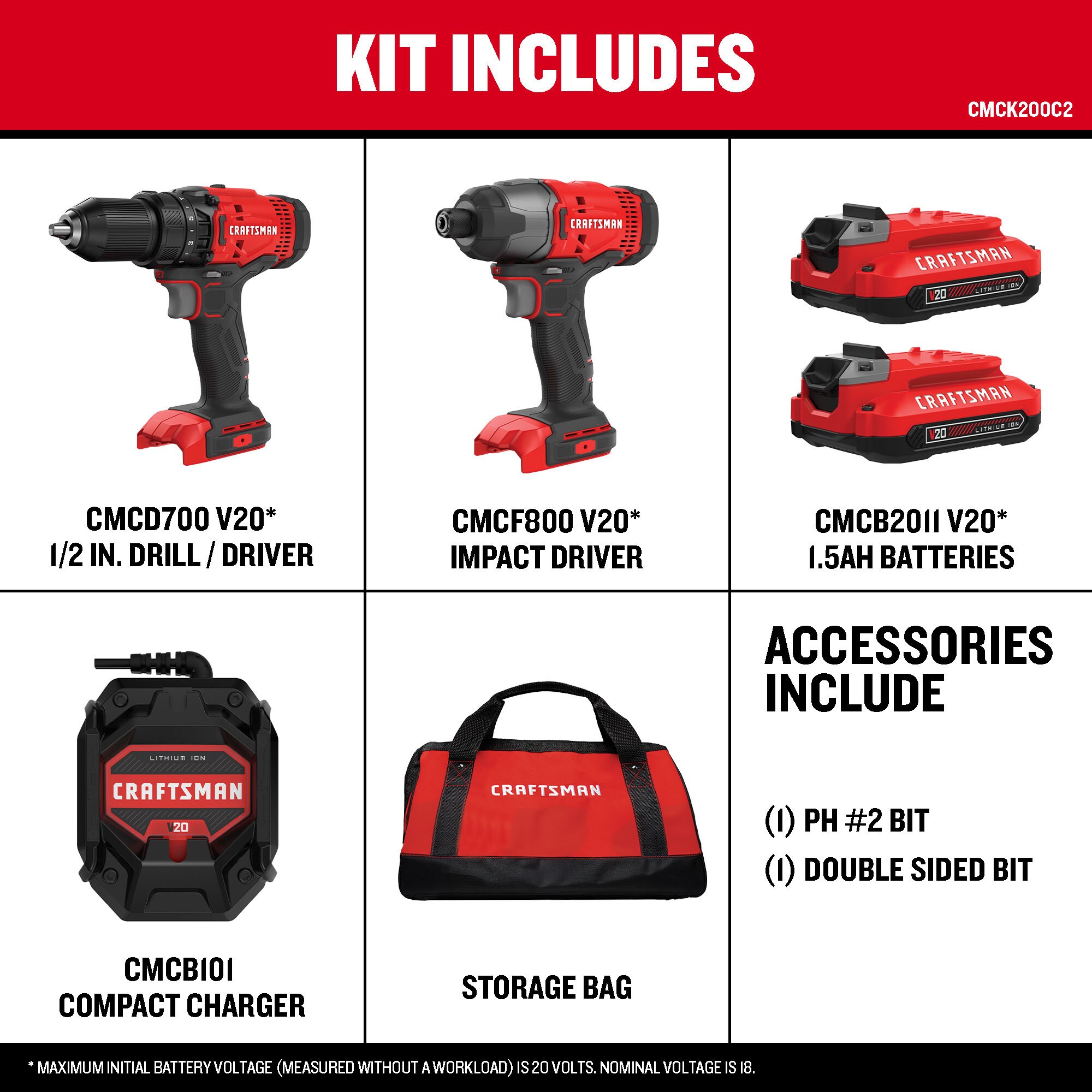 CRAFTSMAN V20 20-volt Max 2-Tool Power Tool Combo Kit with Soft Case (2-Batteries Included and Charger Included)