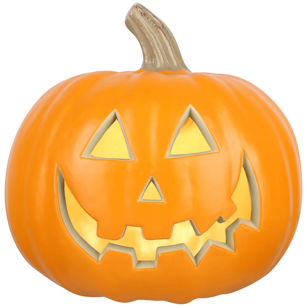 An orange light up Jack-o-Lantern decoration