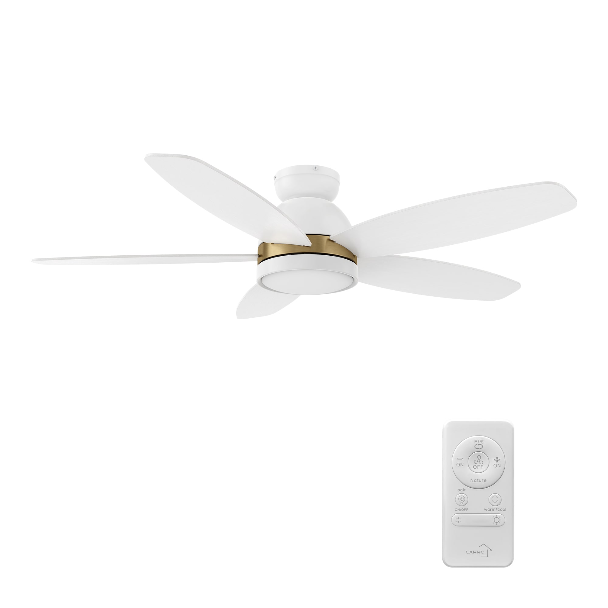 CARRO USA LCFR485Q5-L11-W1-FMA Povjeta 48-in Integrated LED Flush Mount White with White Blades Ceiling Fan With Light - Remote Included ( 5 -Blade )