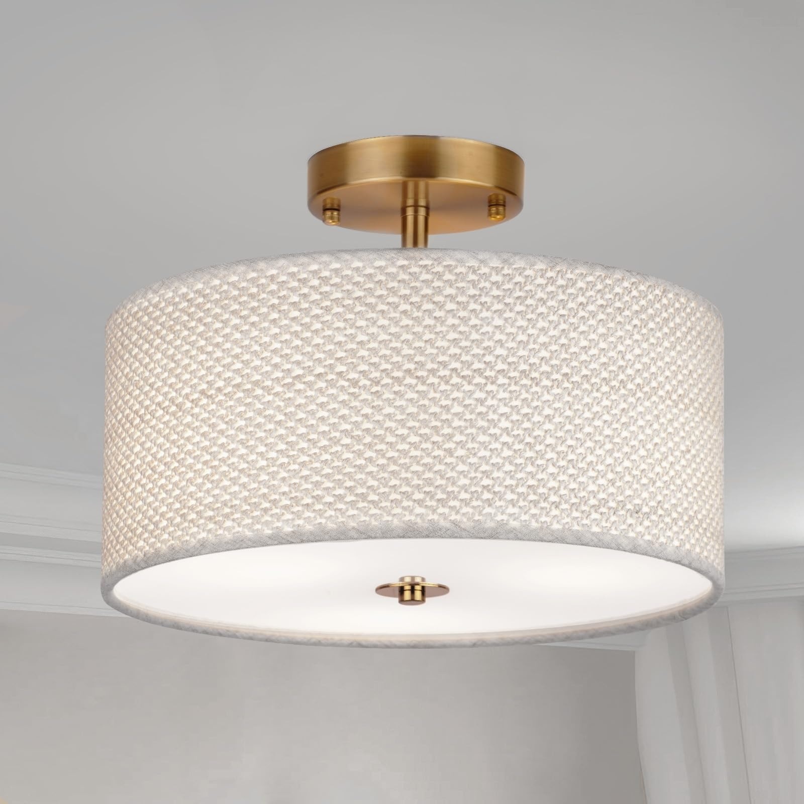 AOIZGMY  13 Inch Rattan Style Semi Flush Mount Ceiling Light 3 Light Drum Fabric Shade Low Profile Fixture for Bedroom Kitchen Dining Room