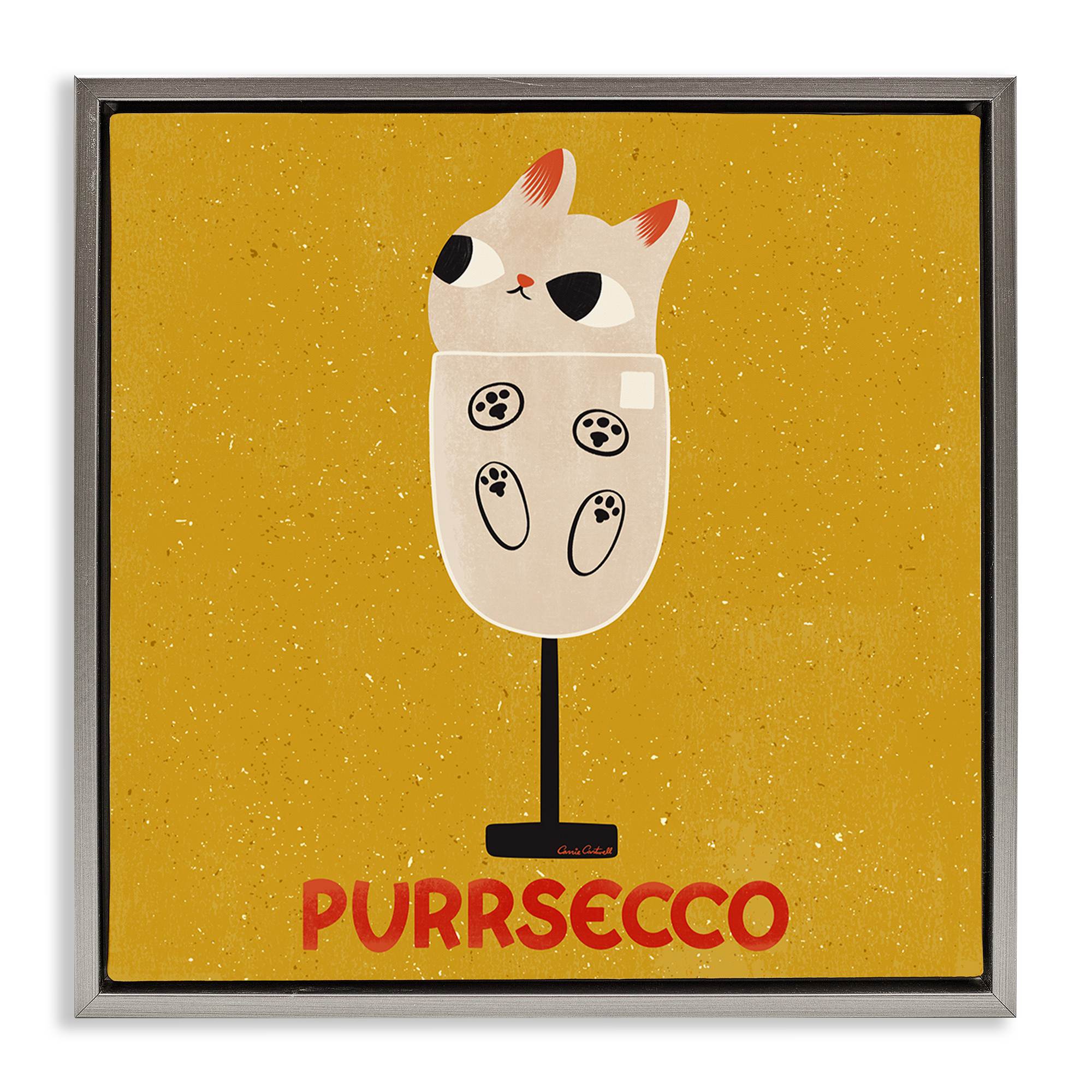 Stupell Industries BS-850-FFL-17X17 Purrsecco Cat Wine Gray Framed Floater Canvas Wall Art By Carrie Cantwell 18 x 18