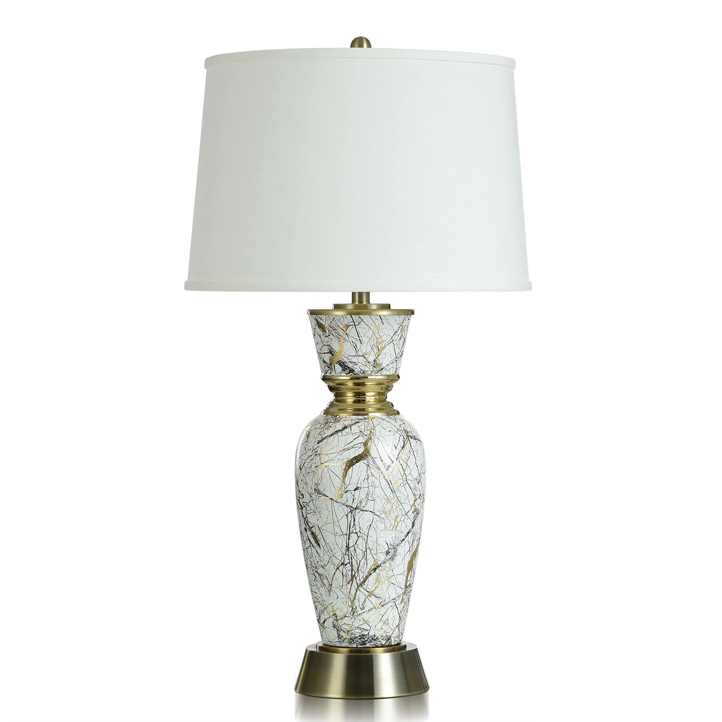 StyleCraft Home Collection L331791DS Coliseum Marble Glaze, Brushed Steel, White 3-way Table Lamp with Linen Shade