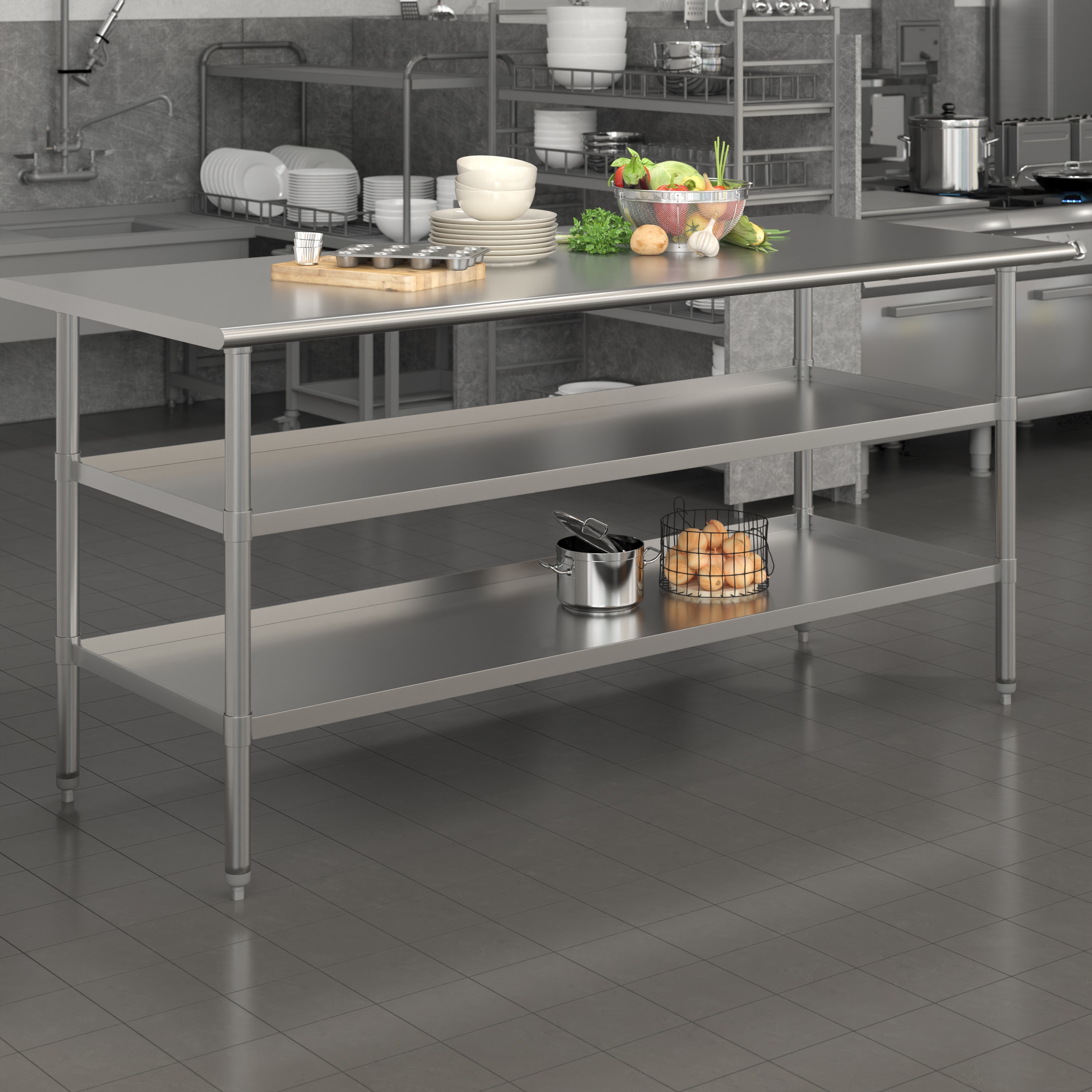 72" Silver Stainless Steel Kitchen Work Table with Adjustable Shelves