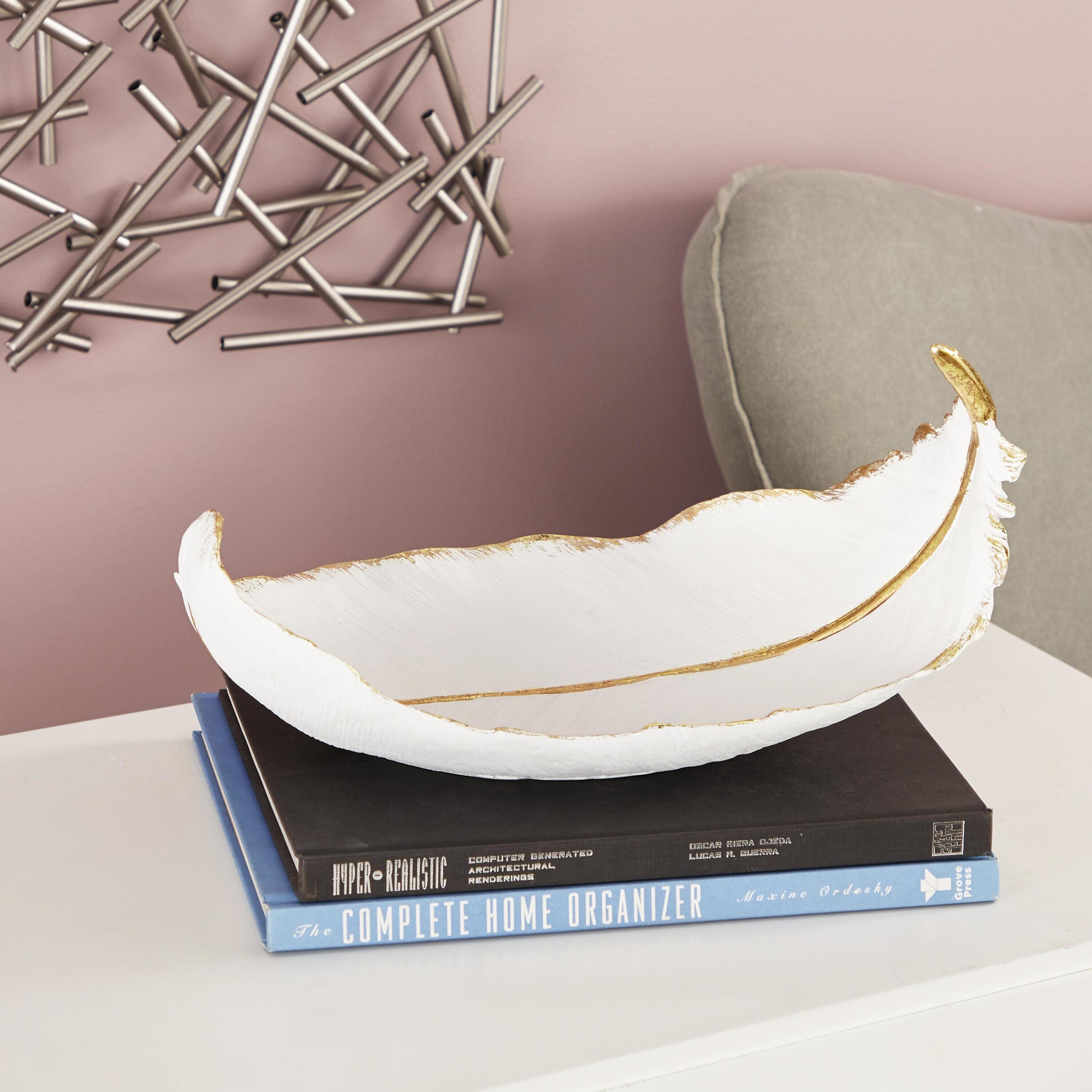 Elegant Oval White and Gold Polystone Feather Decorative Bowl