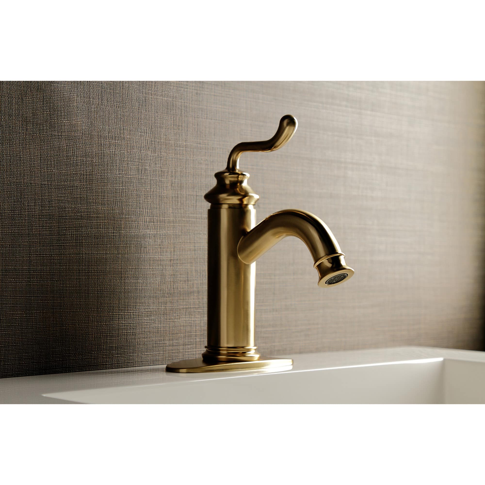 Kingston Brass WLLS5413RL Royale Brushed brass Single hole 1-handle Low-arc Residential Handle Bathroom Sink Faucet with Drain with Deck Plate