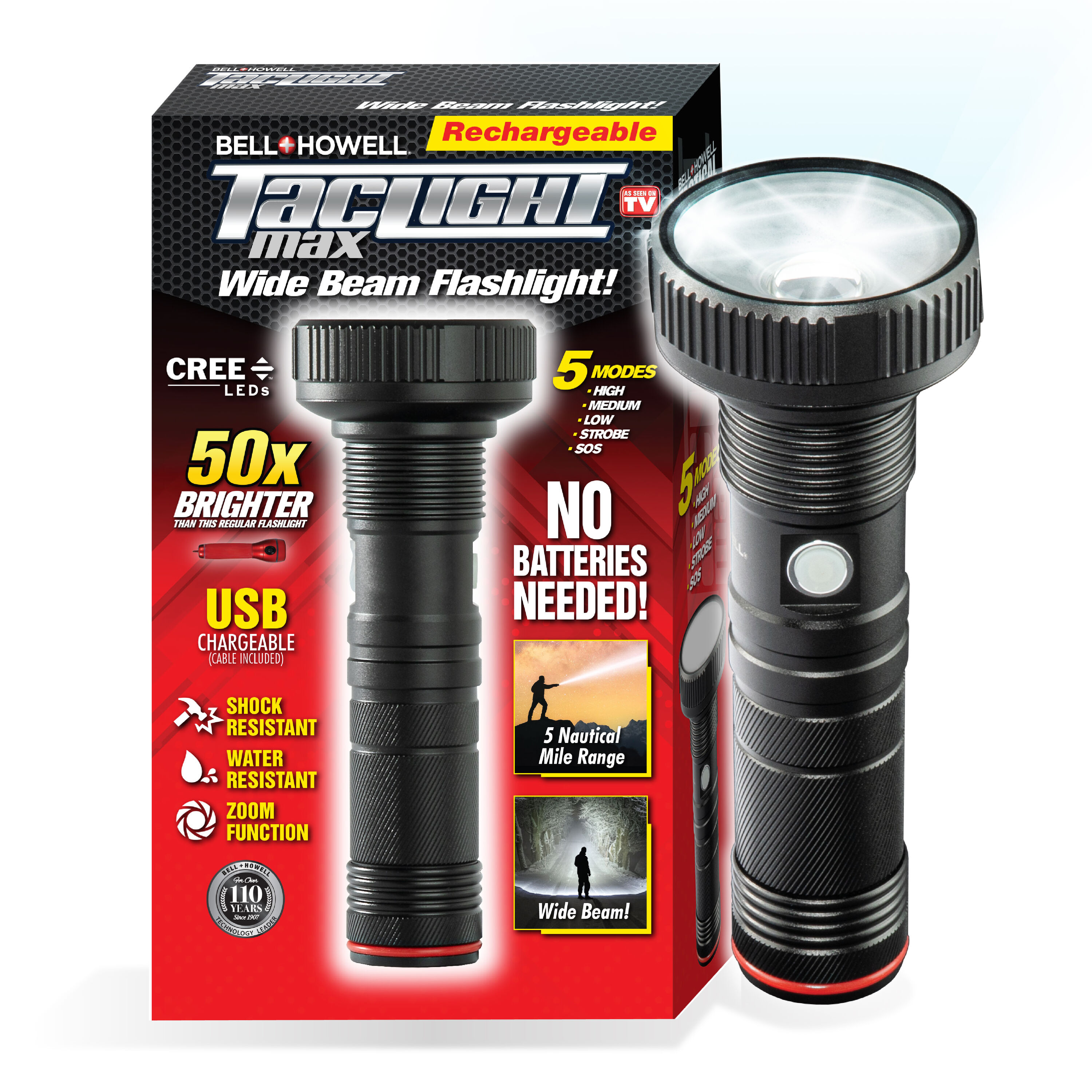 Bell+Howell Taclight Flashlight w/Holster LED Tactical Flashlight 5 Modes &  Zoom Function 22X Brighter Waterproof Security Flashlight High Lumens for