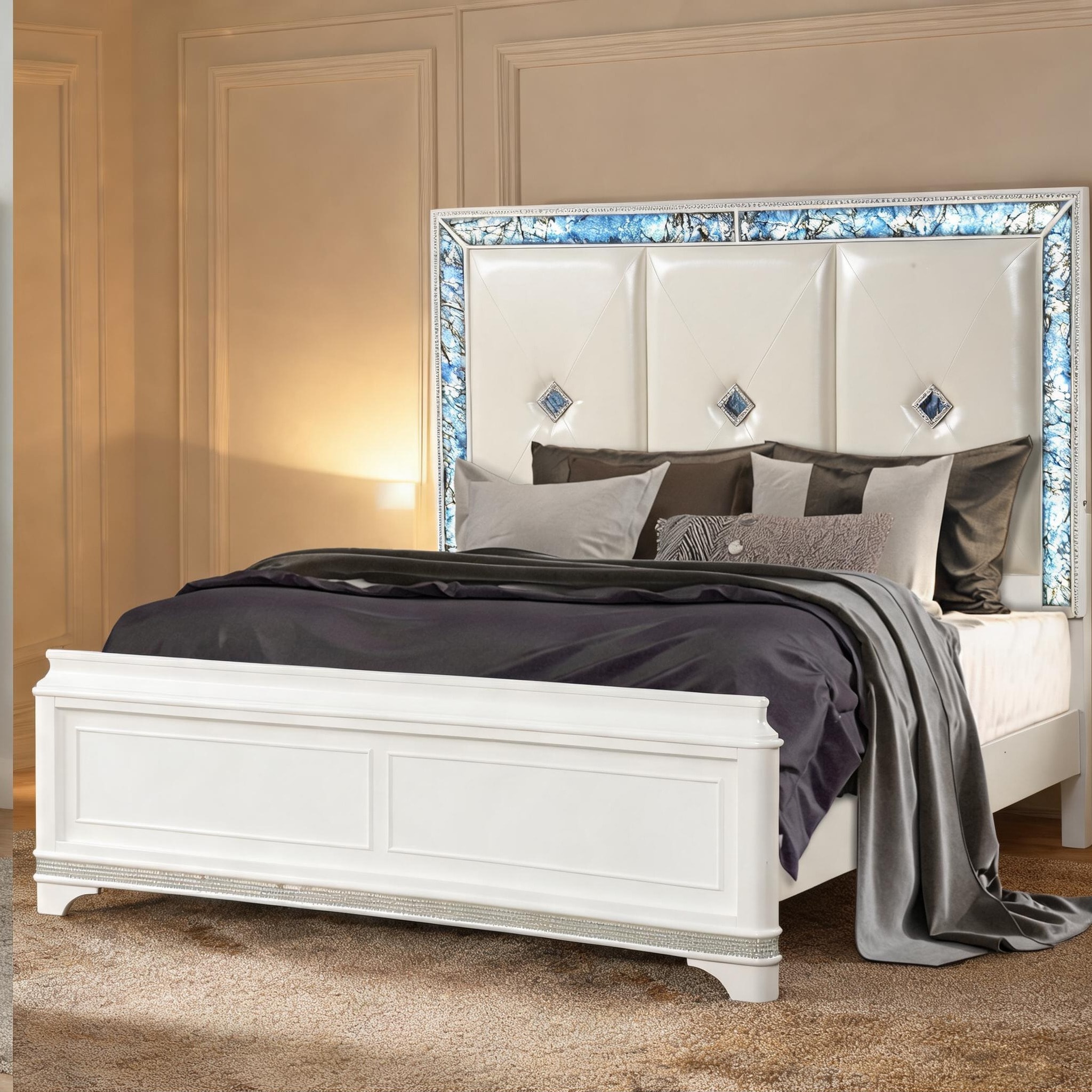 SunJet Upholstered Queen Bed Frame with LED Headboard and Crystal Accents Clean White Wood Design for Bedroom