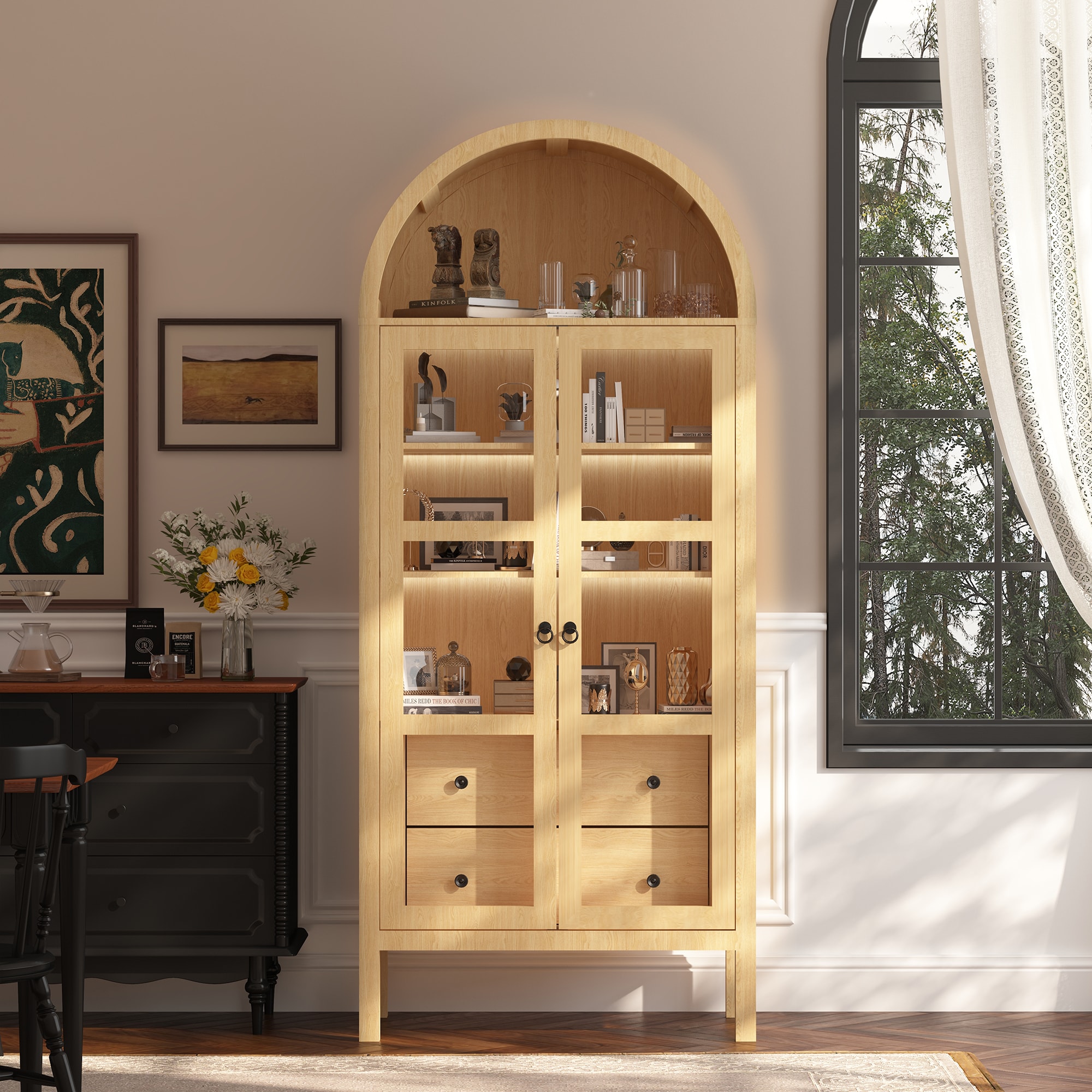 LOVMOR SF-Y-442E005471-N 72 in.  H Modern Farmhouse Auto Sensor Light Arched Cabinet with Glass Doors Adjustable Shelf and 2 Drawers in Natural