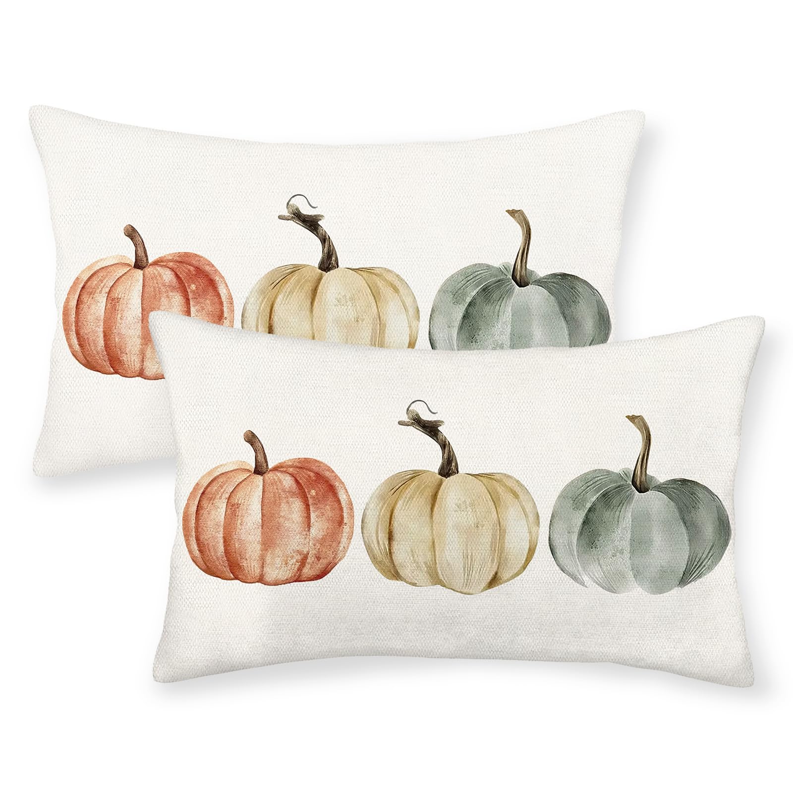 KIWDZFU  Fall Pillow Covers 12x20 Inch Set of 2 Watercolor White Orange Green Pumpkin Throw Pillows for Outdoor Autumn Thanksgiving Couch Sofa