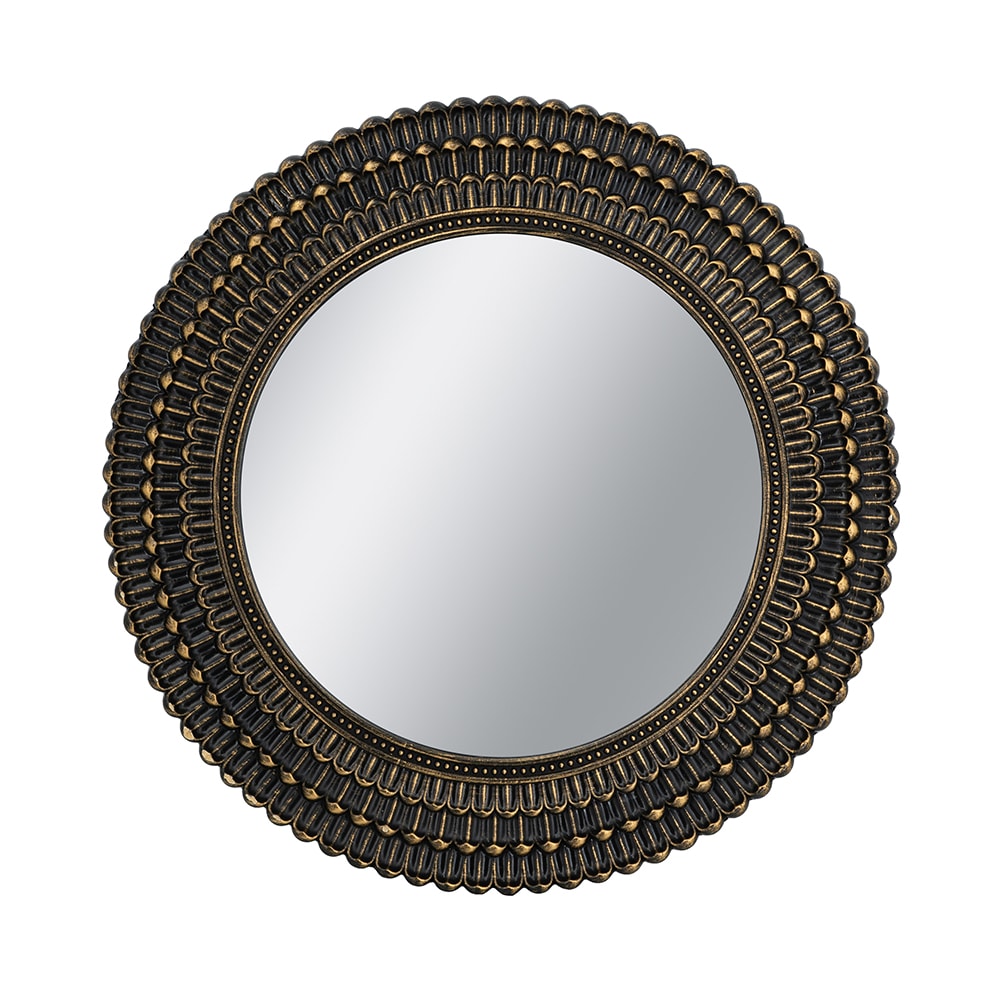 LOVMOR D26.5 inch Round Black And Gold Wooden Accent Mirror With Woven Texture