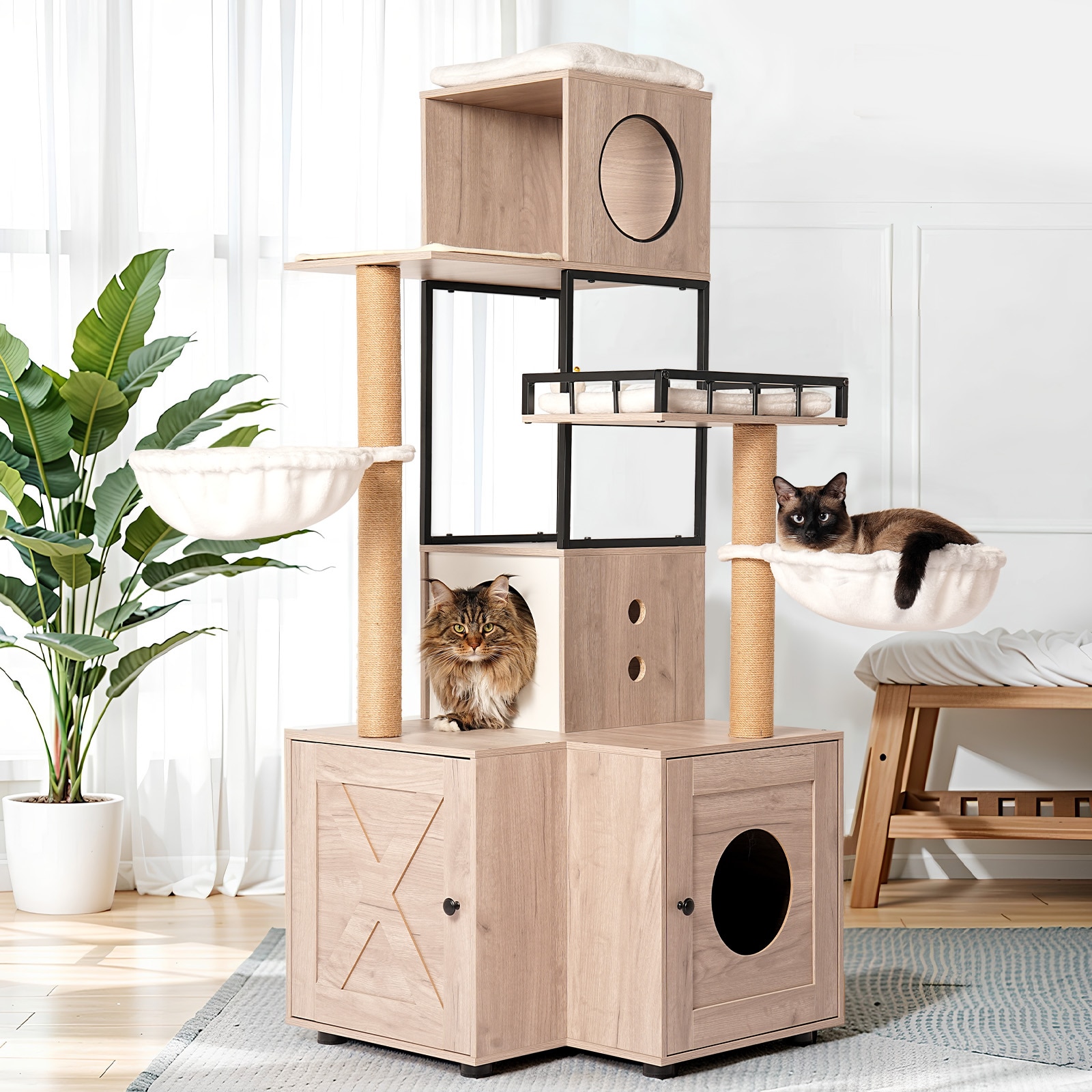 LOVMOR SF-L-W1687P304383 63 inch Multi Functional Cat Tree with Litter Box Includes Removable Washable Cushion
