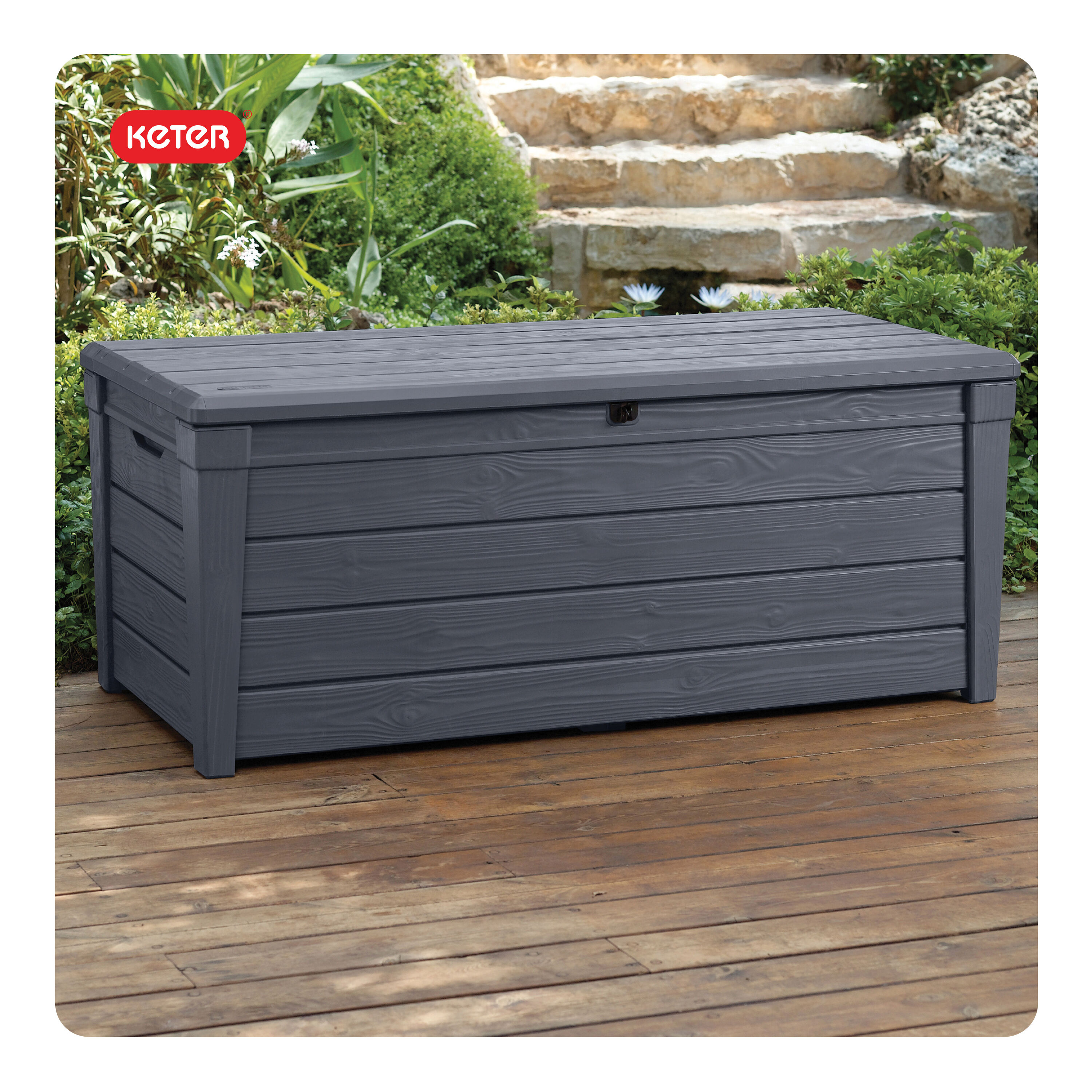 Keter 224396 Brightwood Durable Outdoor Storage 120-Gallon Grey Plastic Deck Box