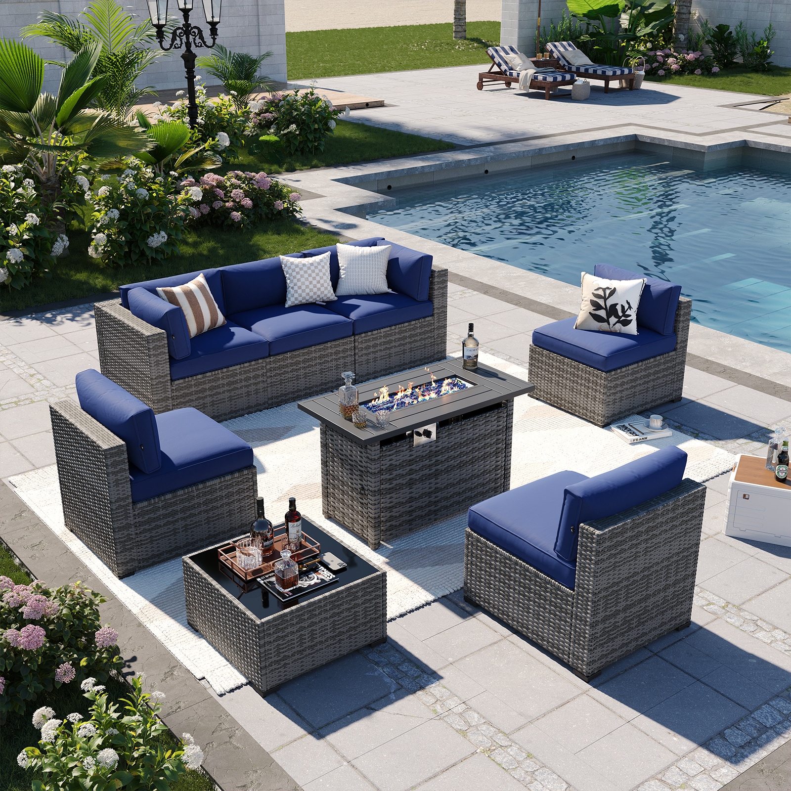 AOXUN PA-120GR13 Patio Conversation Sets 8 -Piece Wicker Patio Sofa Conversation Set with Blue Cushions