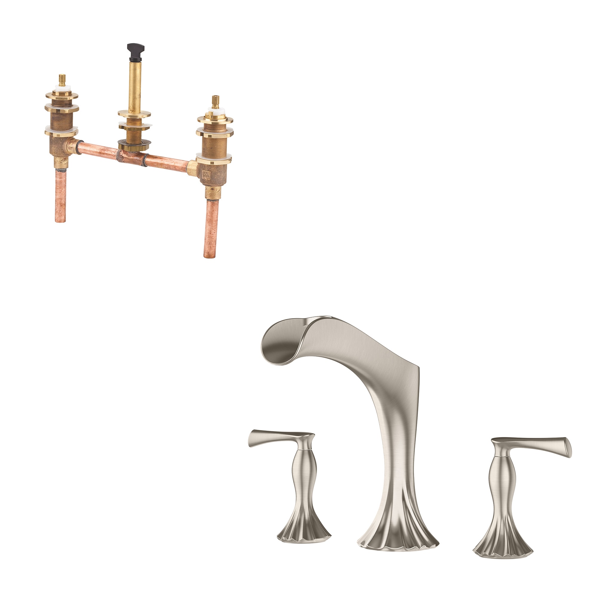 Pfister RT6-5RHK-0X6-050R-L Rhen Brushed Nickel 2-handle Deck-mount Roman Low-arc Bathtub Faucet ( Valve Included )