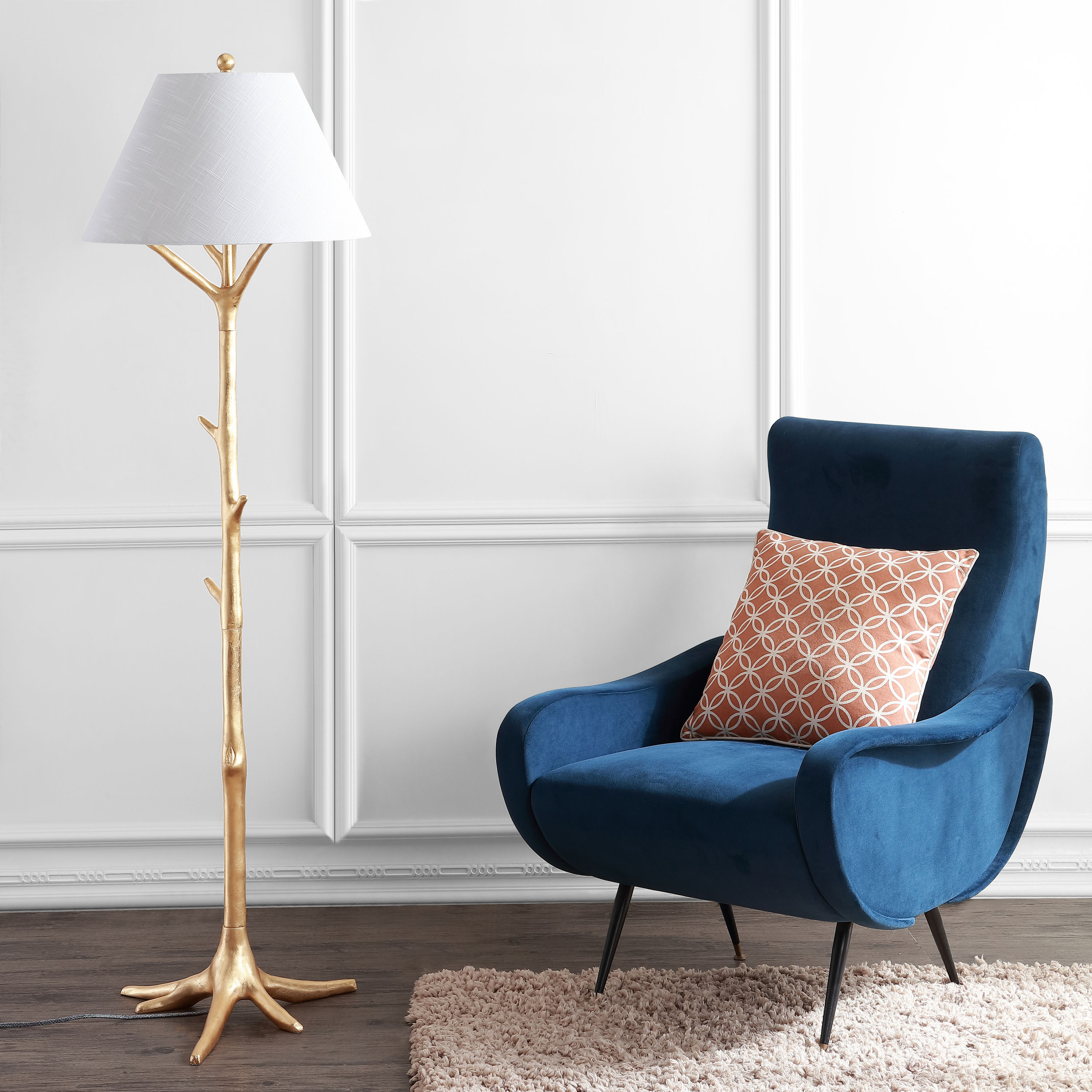 Arbor Gold Faux Bois Resin Arc Floor Lamp with White Shade