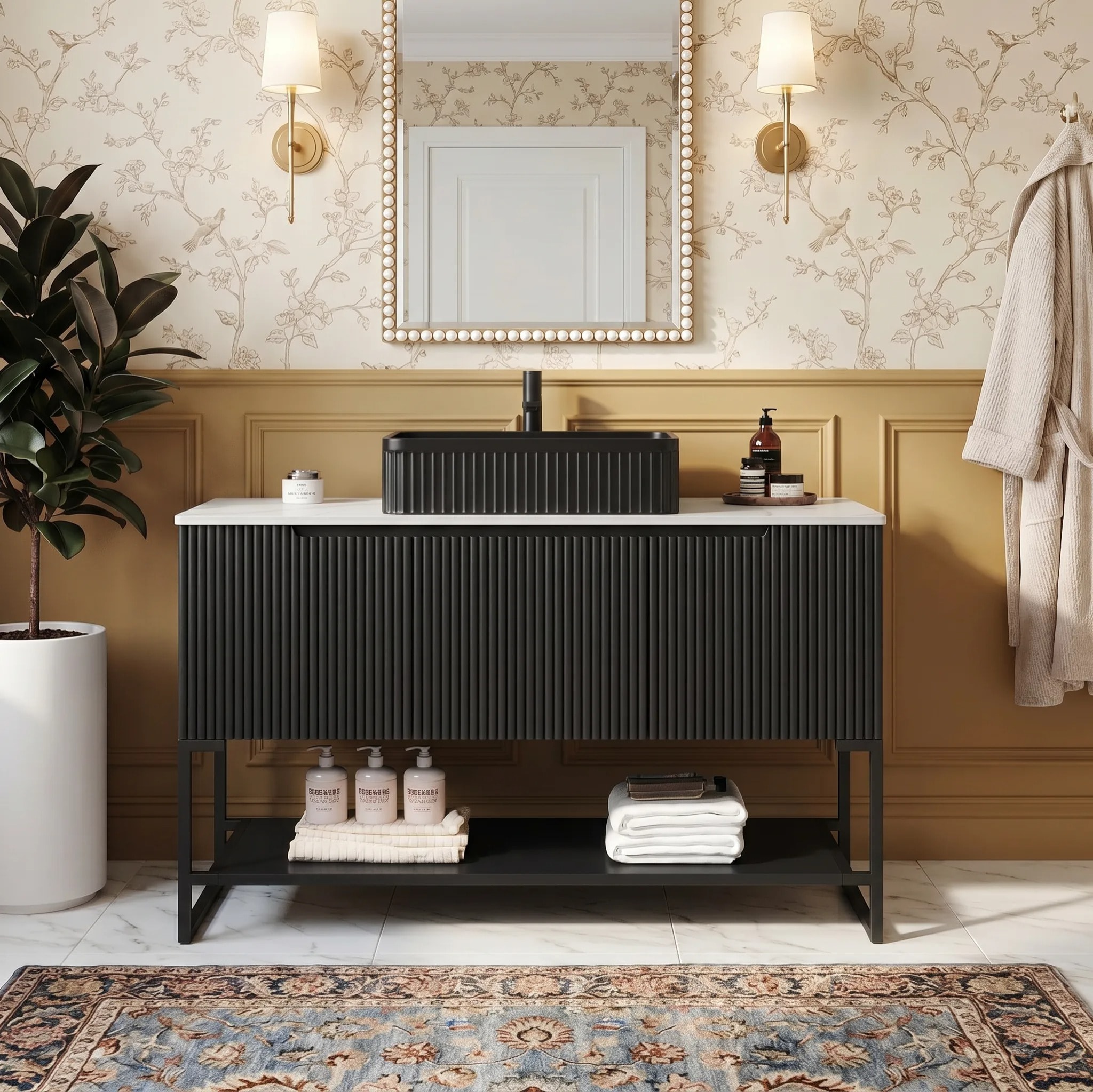 Vynxaria - 48 in Black Freestanding Bathroom Vanity with Matte Black Ceramic Sink Carrara White S...