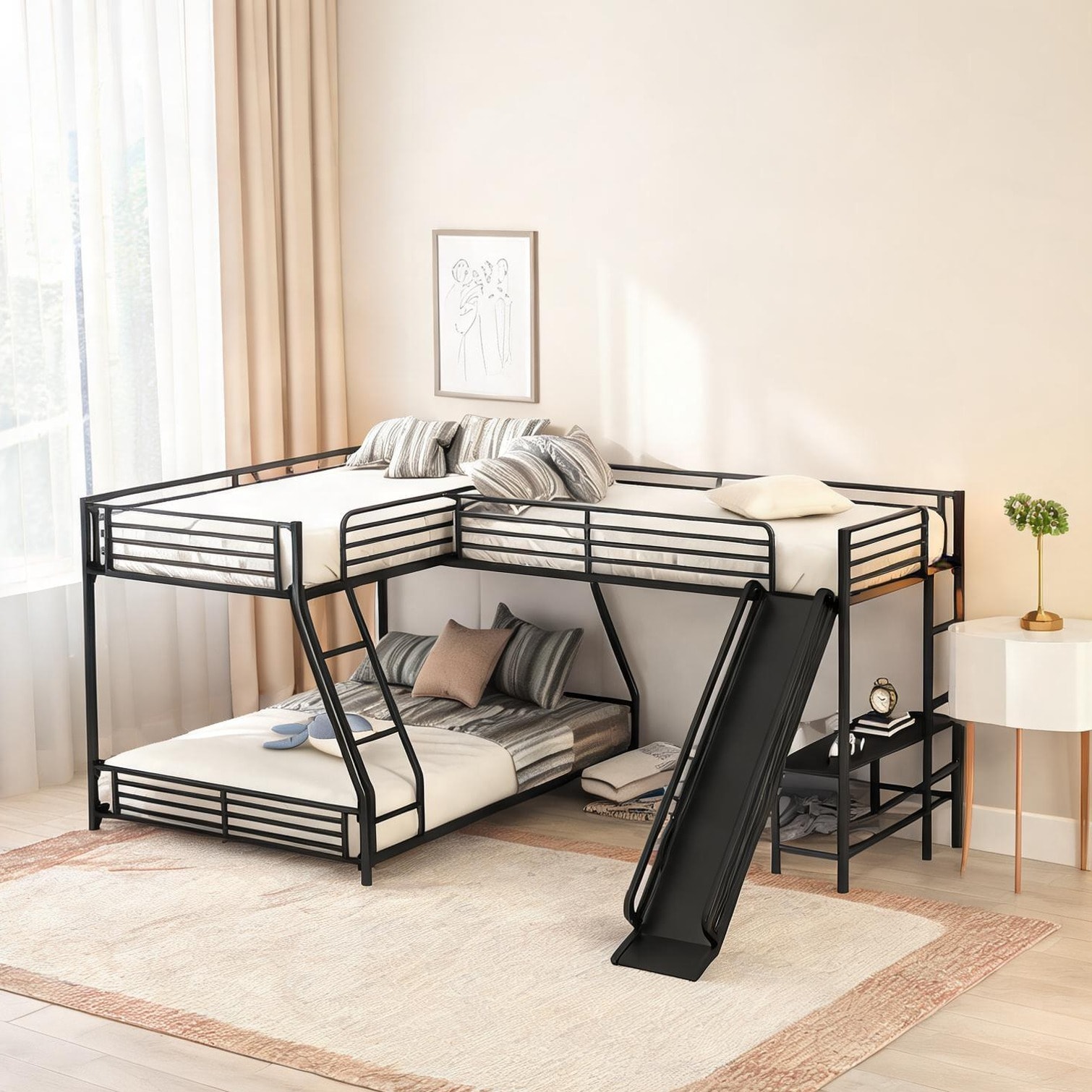 Naturefalls Jet Black Metal L-Shaped Bunk Bed with Slide and Integrated ...