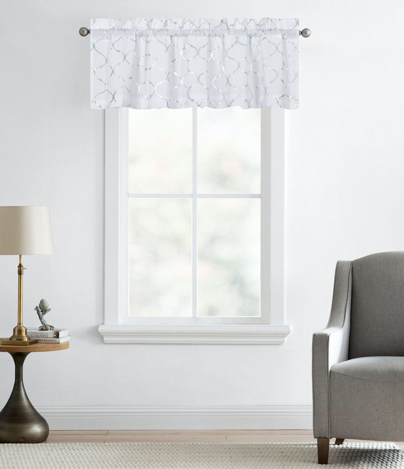 KATE AURORA Collections Trellis Lattice Rod Pocket Valance 56 in W x 18 in L Caroline Metallic Silver