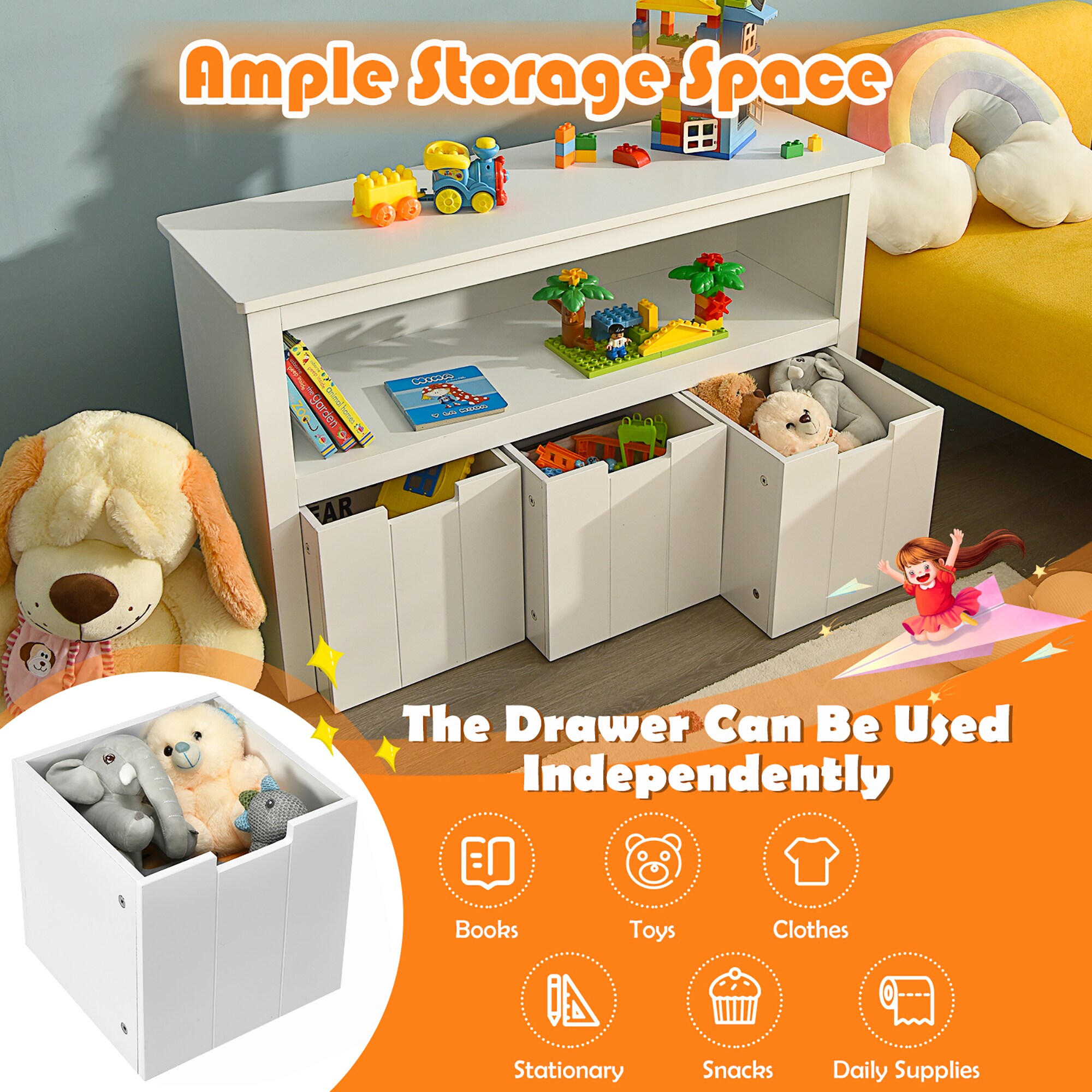 White Kids' Toy Storage Cabinet with 3 Drawers and Wheels