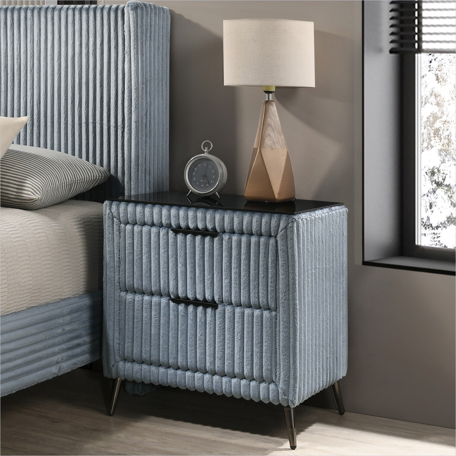 SunJet Classic Blue Wide Wale Corduroy Nightstand with 2 Drawers Modern ...