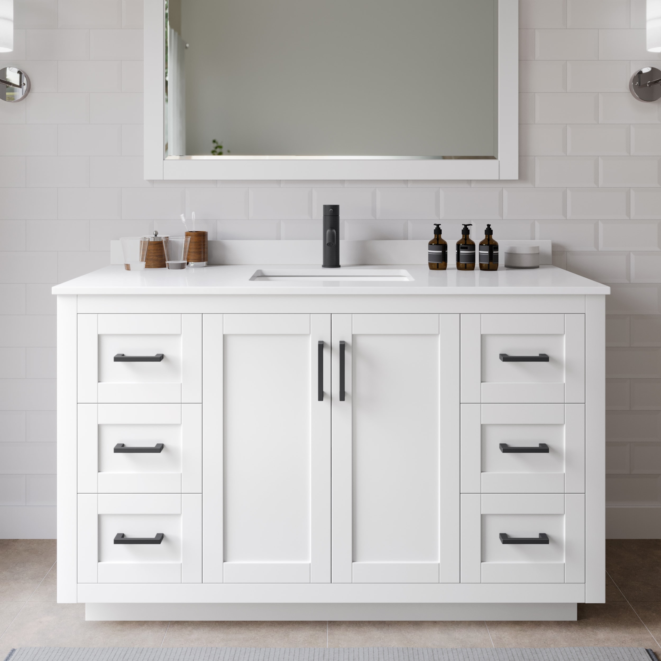 Wyndham Collection WCF292954SWBWCUNSM46 Miranda 54-in White with Matte Black Trim Undermount Single sink Bathroom Vanity with White Cultured Marble Cultured marble Top (Mirror Included)