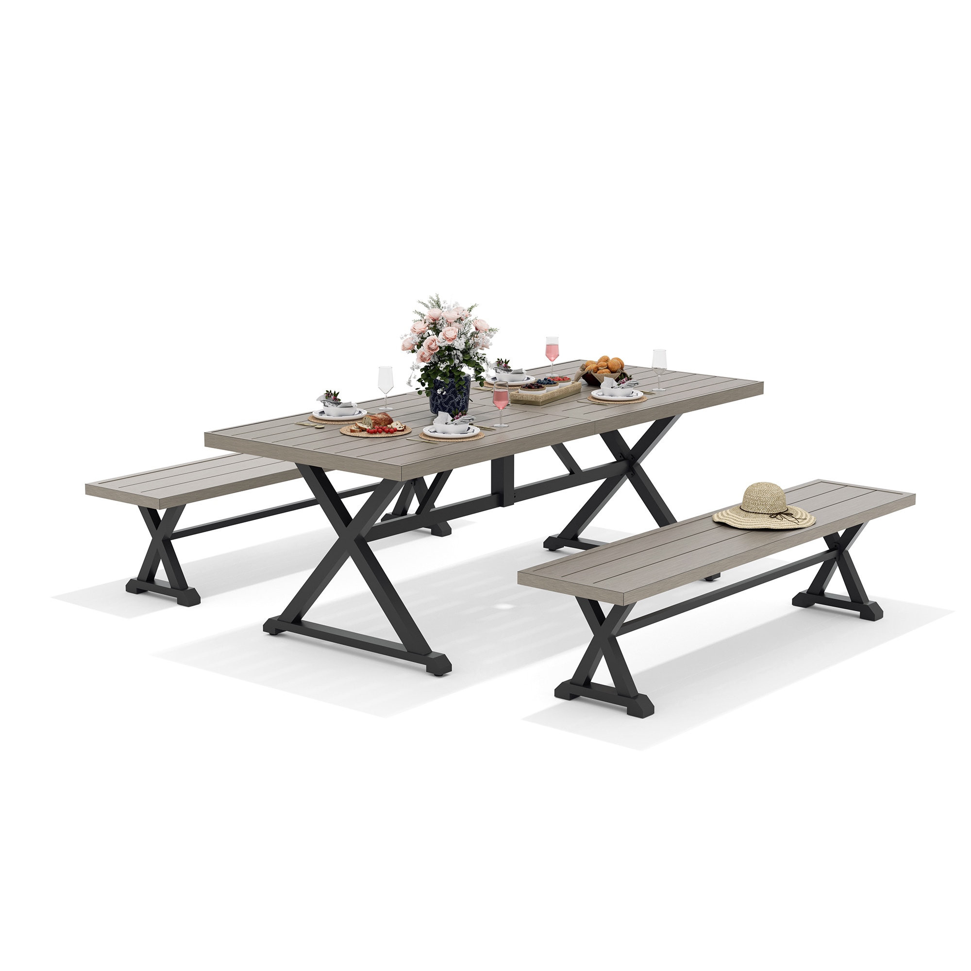 PEAK HOME FURNISHINGS 970423-970502x2 3 -Piece Grey Woven Patio Dining Set Aluminum Rectangle Table with 2 Stationary Chairs