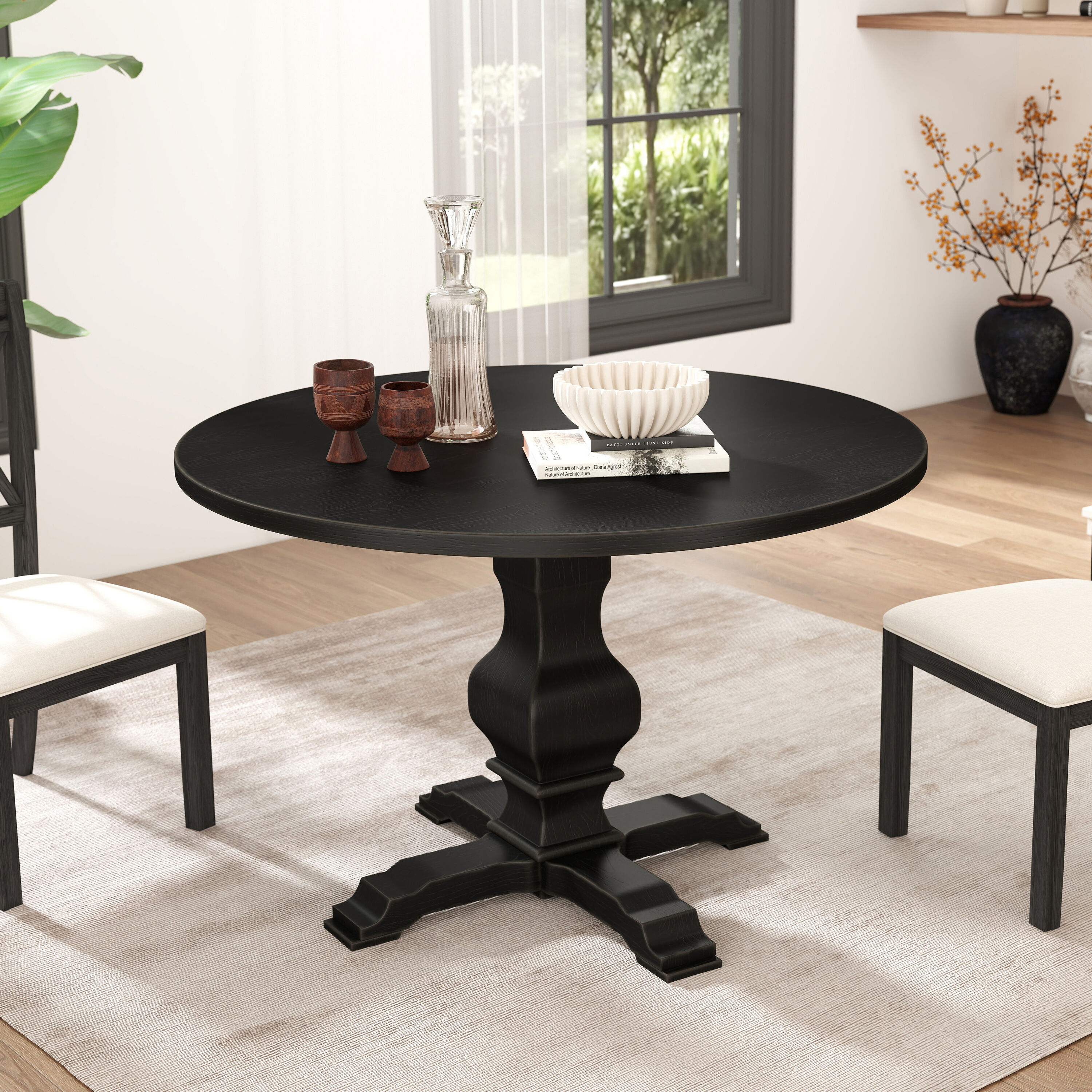 Roundhill Furniture T407BK Havre Black Round Contemporary/Modern Dining Table, MDF with Black Wood Pedestal Base 47.25-in L x 30-in H