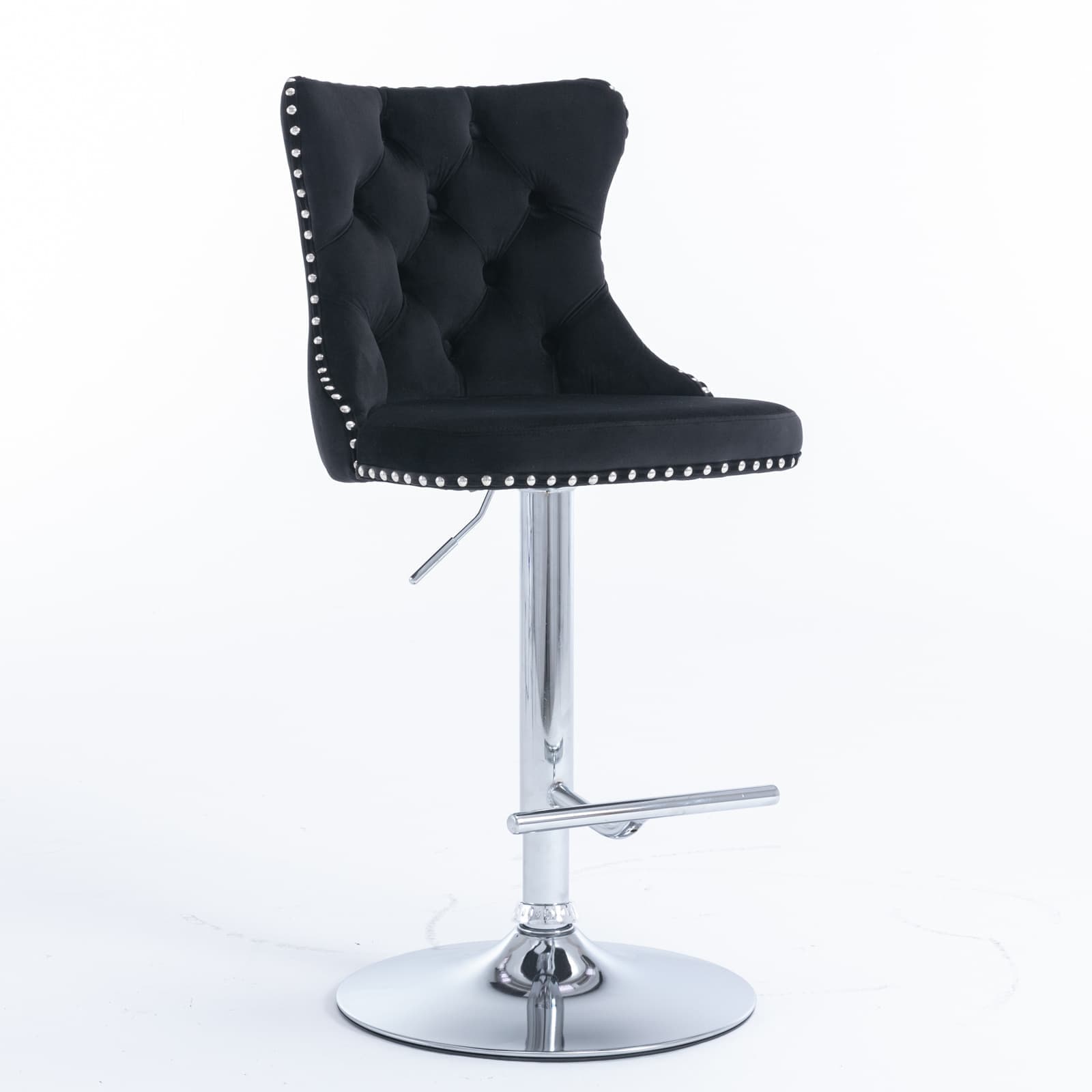 Vynxaria -  Black Velvet Tufted Chrome Base Swivel Bar Stool Set of 2 Adjustable Height 25-33in W...