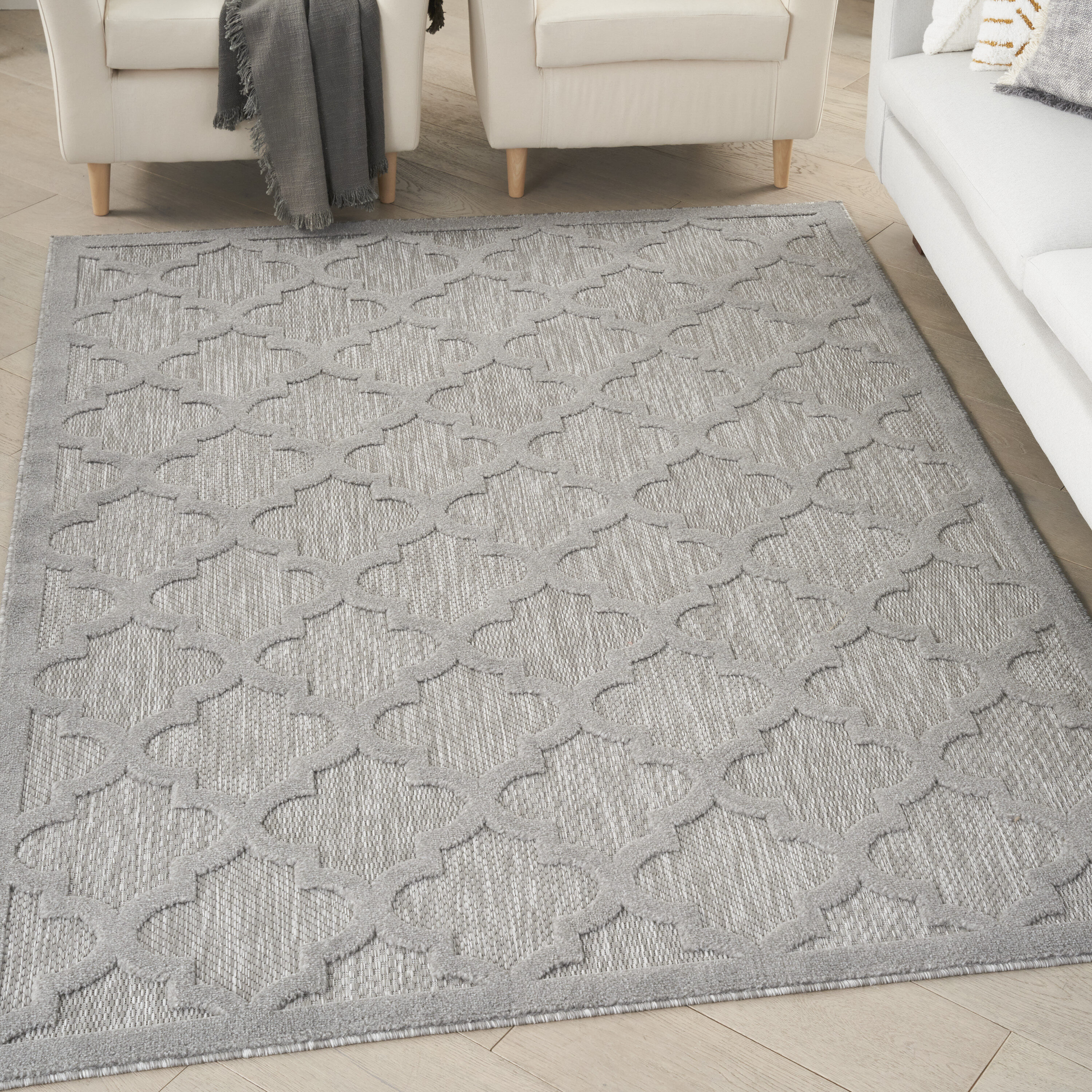 Nourison 099446040701 Easy Care 4 x 6 (ft) Woven Polypropylene Silver Grey Rectangular Indoor/Outdoor Trellis Moroccan Wash with water Area rug