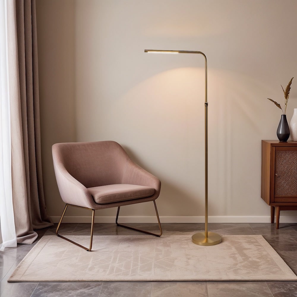 JUSHUA - Brassed Gold Floor Lamp with On Off Switch Adjustable Led Round Base