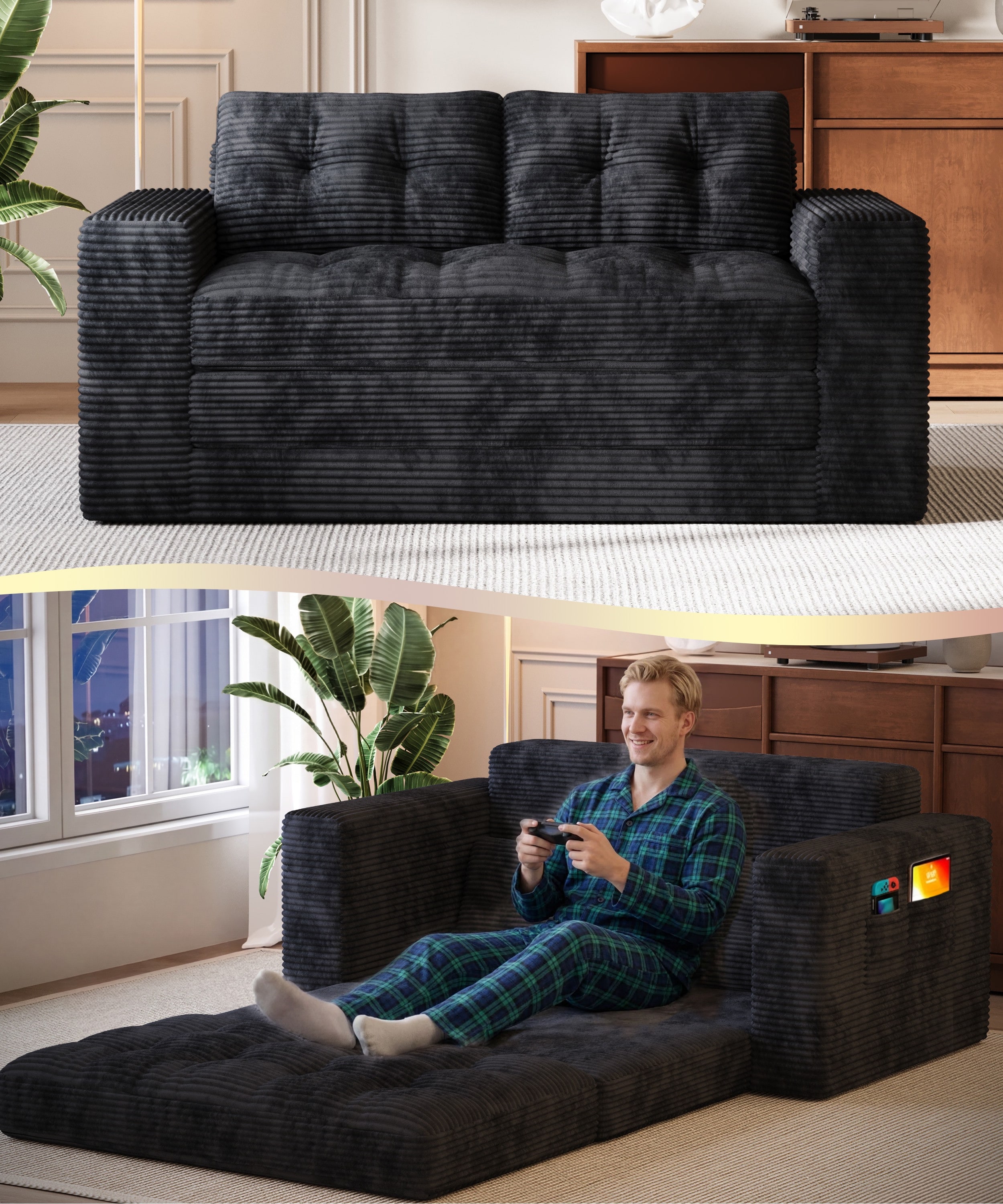 Lofka Boneless Convertible Floor Sofa Bed 59-Inch Folding Loveseat Couch for Small Spaces Corduroy 2 Seater Lounge Sleeper with 2 Pillows Pockets for Living Room Bedroom Apartment No Assembly - Black