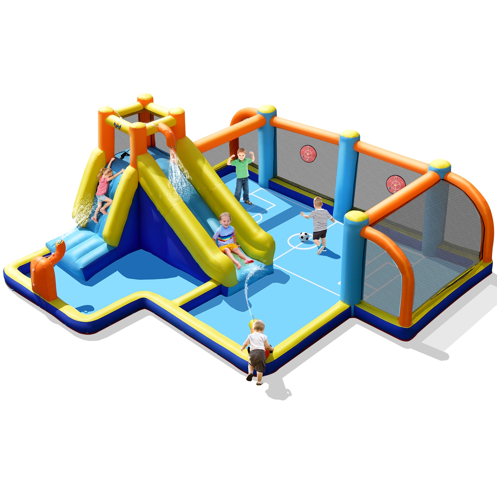 Slickblue D-CO-NP10362 183-in L 420D Oxford Cloth Inflatable Soccer Water Slide with Dual Cannons and Climbing Wall for Backyard Use without Blower