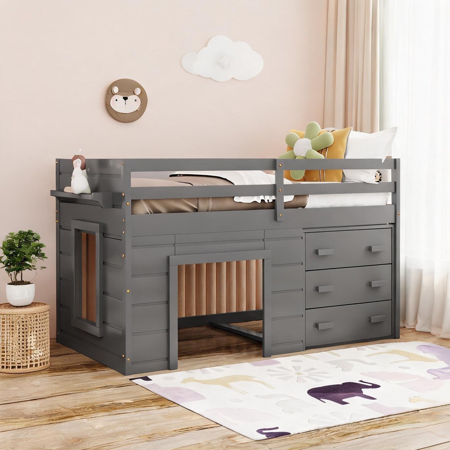 chillscreamni - Loft Bed with Gray Solid Wood Storage and Shelving Solid Wood Detail for Bedroom