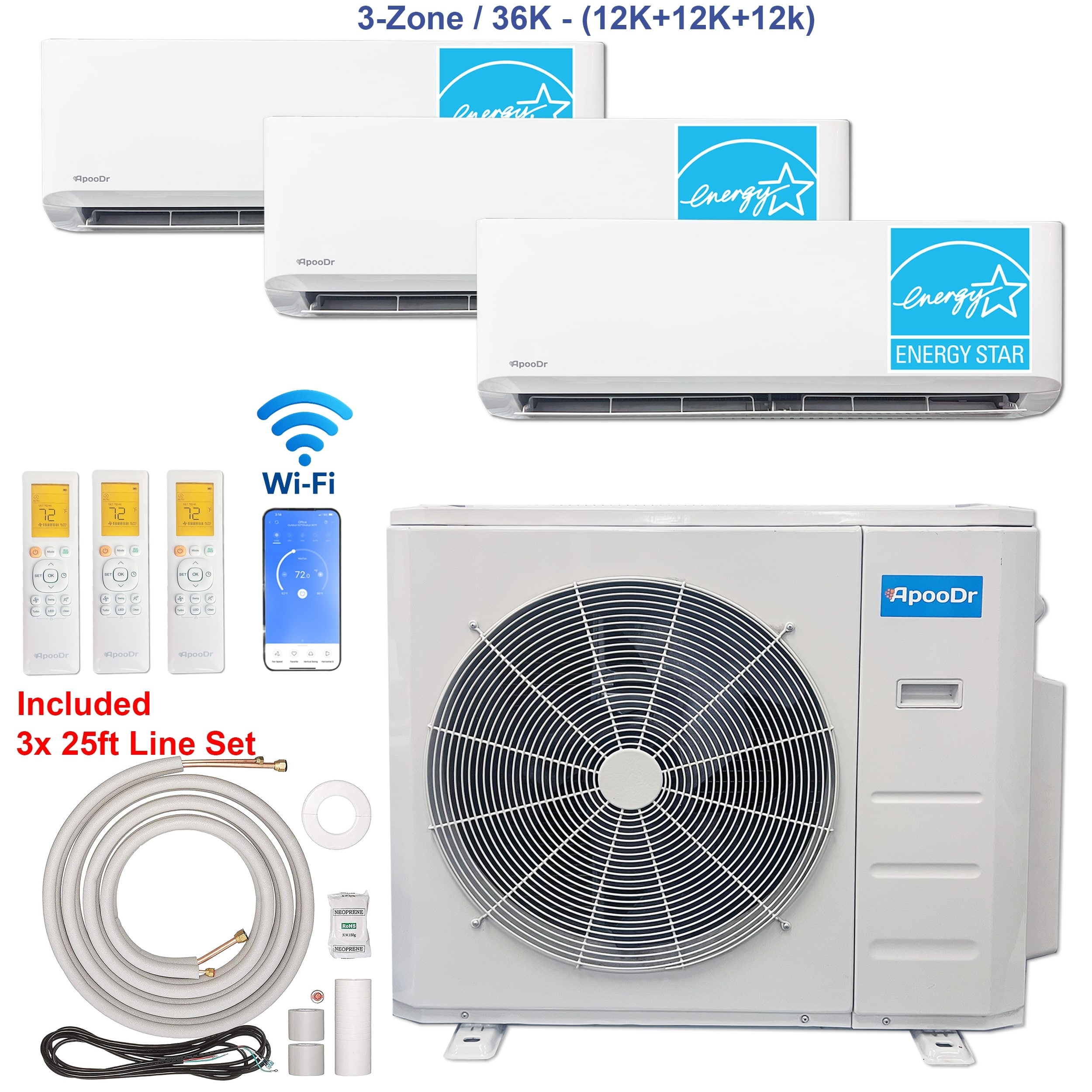 ApooDr AM5OG-36HFN1121212 StarZone 3 zone 36000-BTU 21 SEER2 Ductless Mini Split Air Conditioner Heat Pump Included with 25-ft Line Set 230-Volt