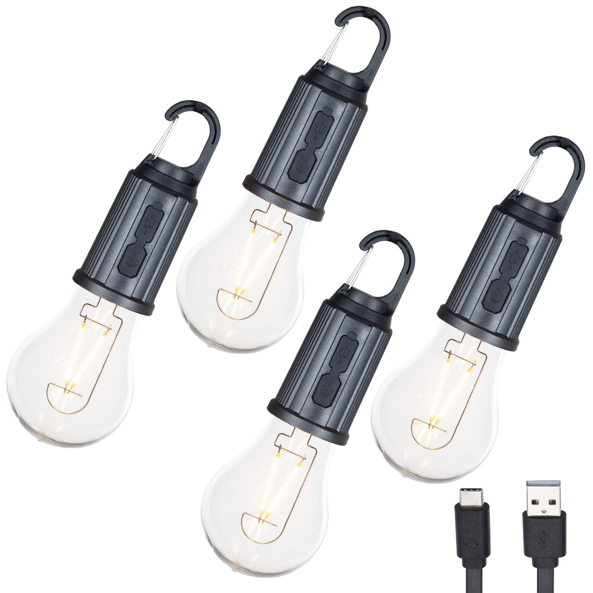 Novelty Lights Festive Living 4-Pack Rechargeable Camp Light Warm White LED Globe Bulb Battery Powered USB-C Charging Port Carabiner Hook 3 Brightness Levels