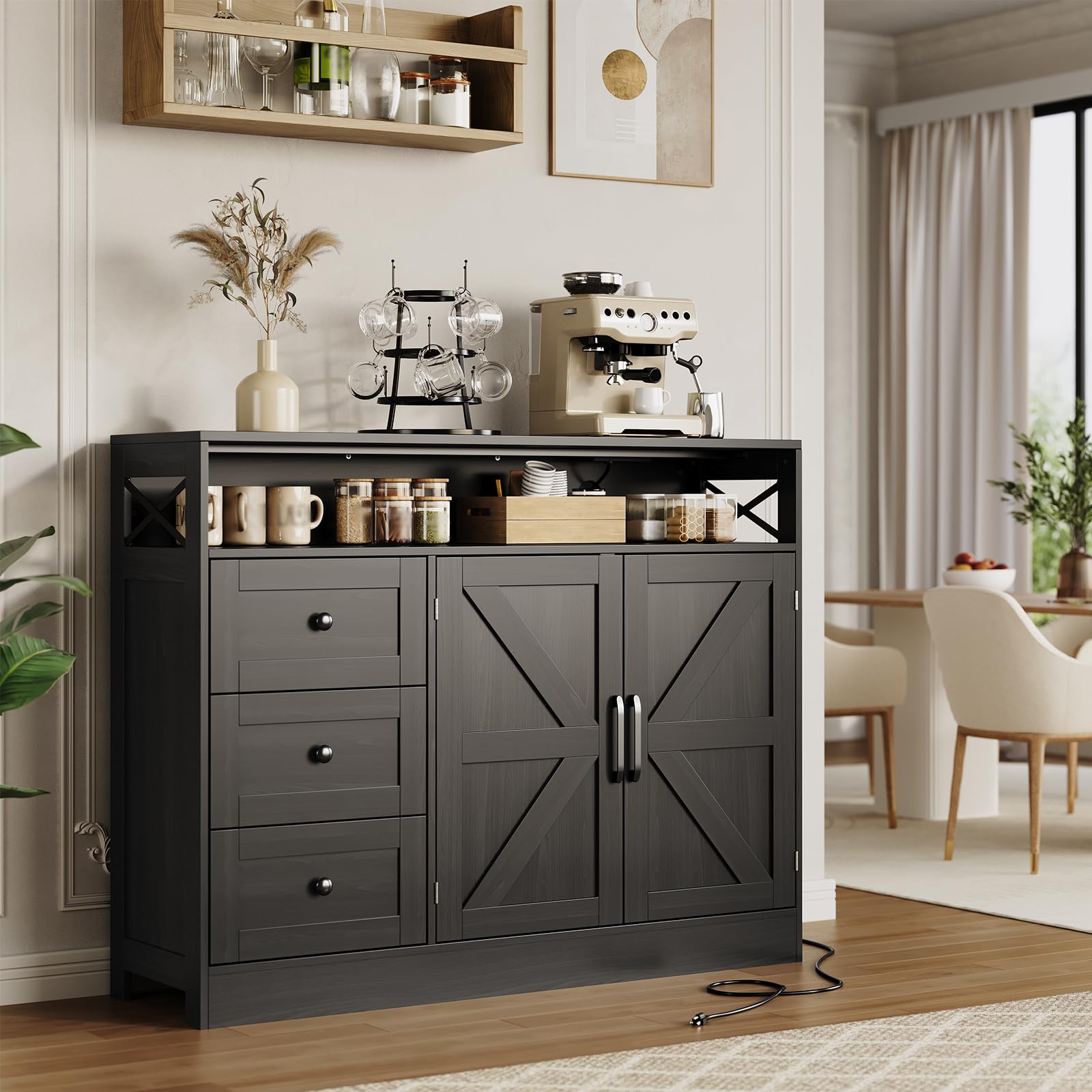 GarveeLife 47-in Farmhouse Sideboard Buffet Cabinet with 2 Barn Doors 3 Drawers Built in Power Outlet for Coffee Bar Kitchen for Coffee Bar Organization