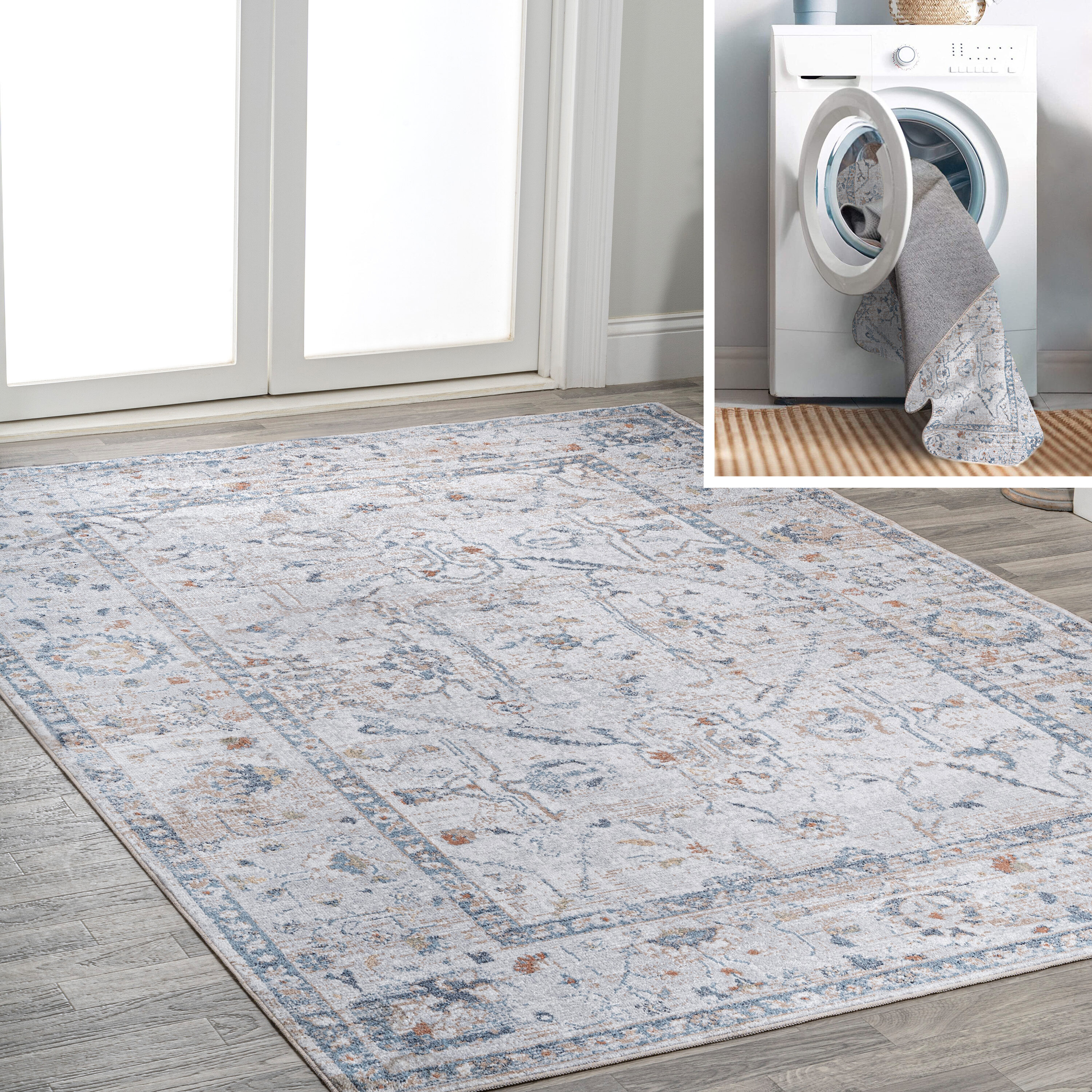 JONATHAN  Y WSH321B-3 WASHABLE Brandy Rustic Border Low-Pile 3 x 5 (ft) Loomed Polyester Light Gray/Blue Rectangular Indoor Border Global Machine washable Area rug