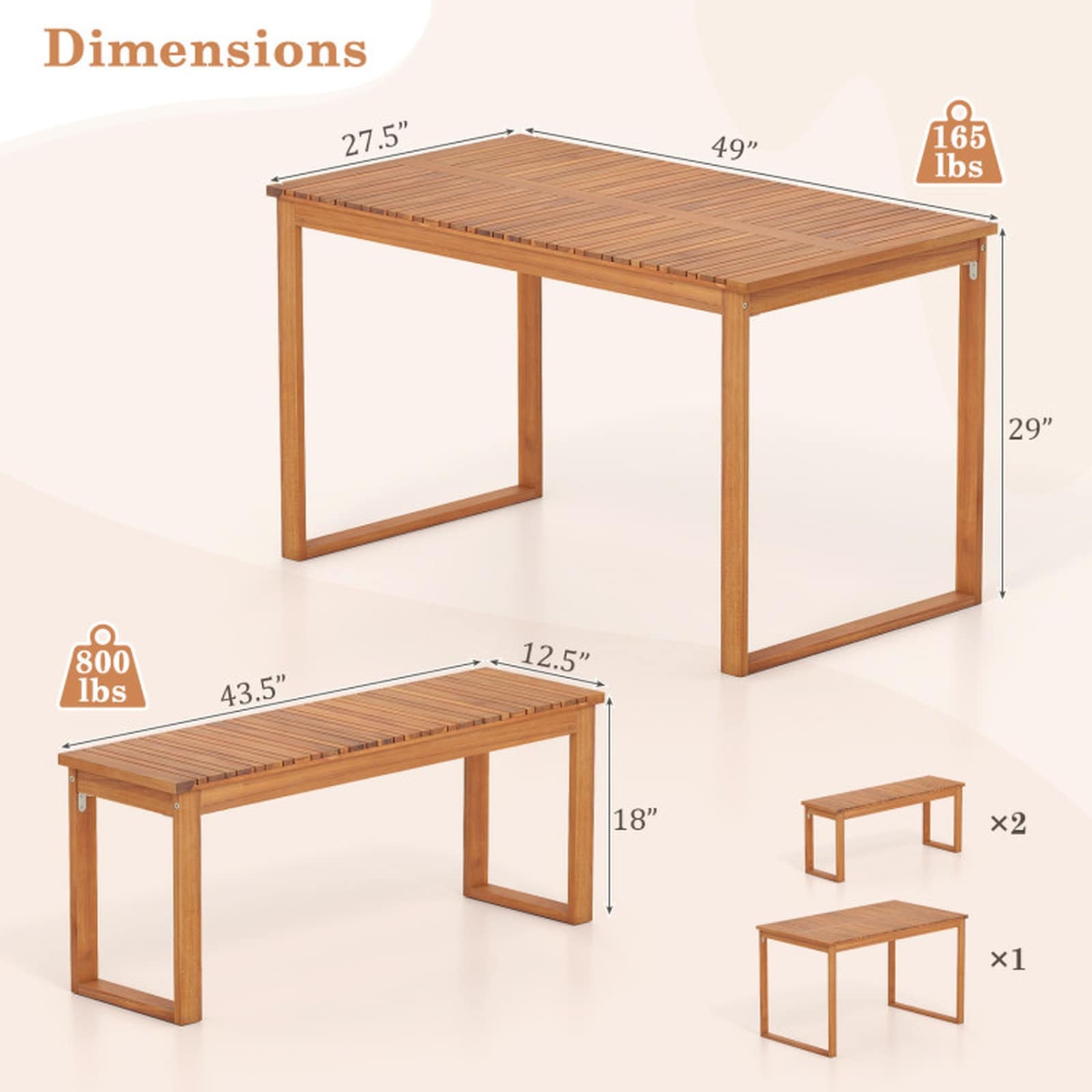 SUGIFT 3-Piece Acacia Wood Picnic Table Set Outdoor Dining Table with 2 ...