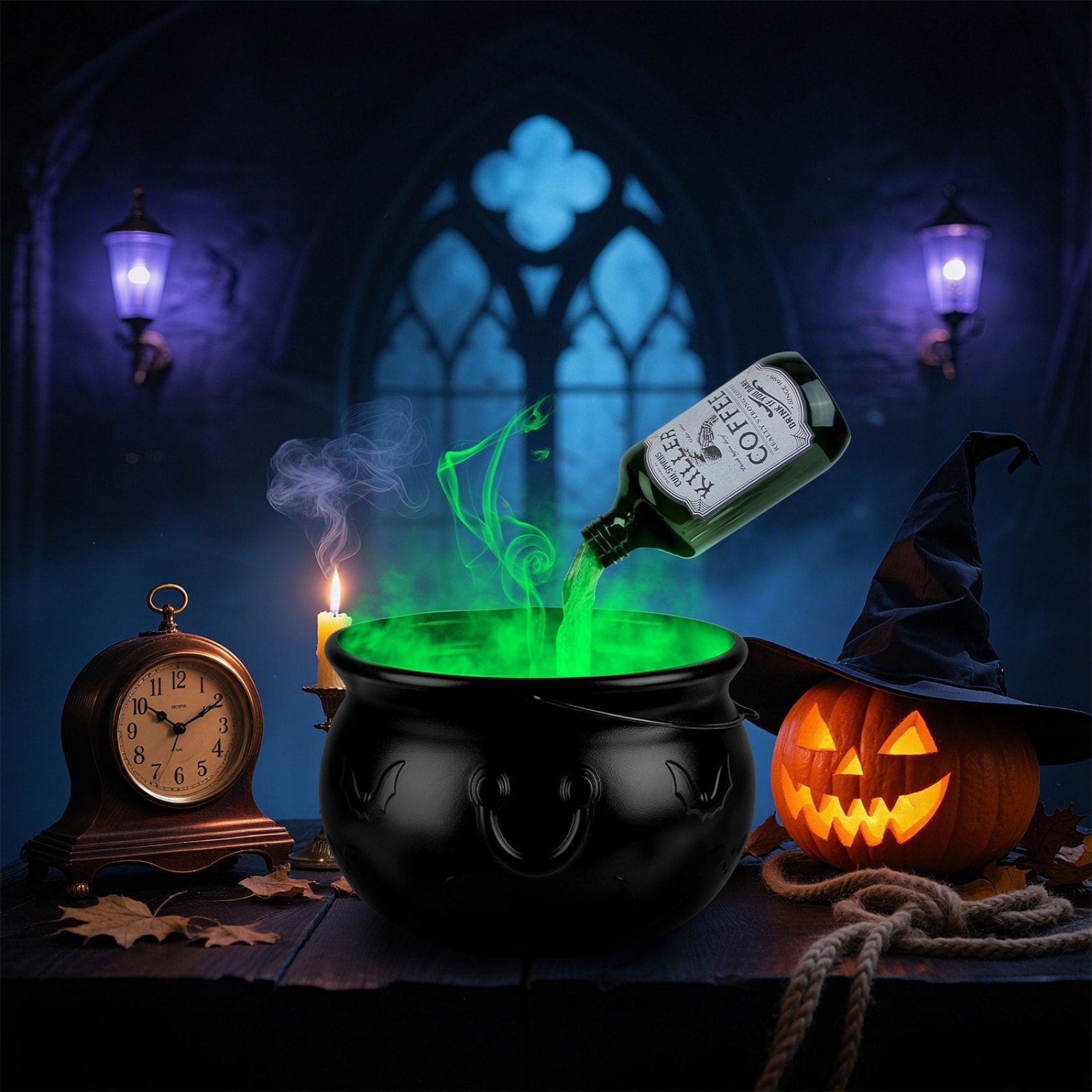 GlasFlength  Floating Potion Bottle Halloween Decorations Indoor Halloween Table Decor with Witch Cauldron Mist Maker and LED Lights Halloween Home Decor for Party Haunted House Spo Green