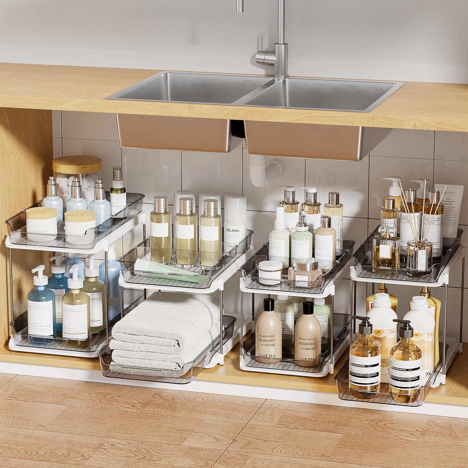 Phewnyzo  2 Tier Under Sink Organizer Stackable Pull Out Storage with Movable Dividers for Bathroom Kitchen Pantry Cabinet Grey 4 Pack