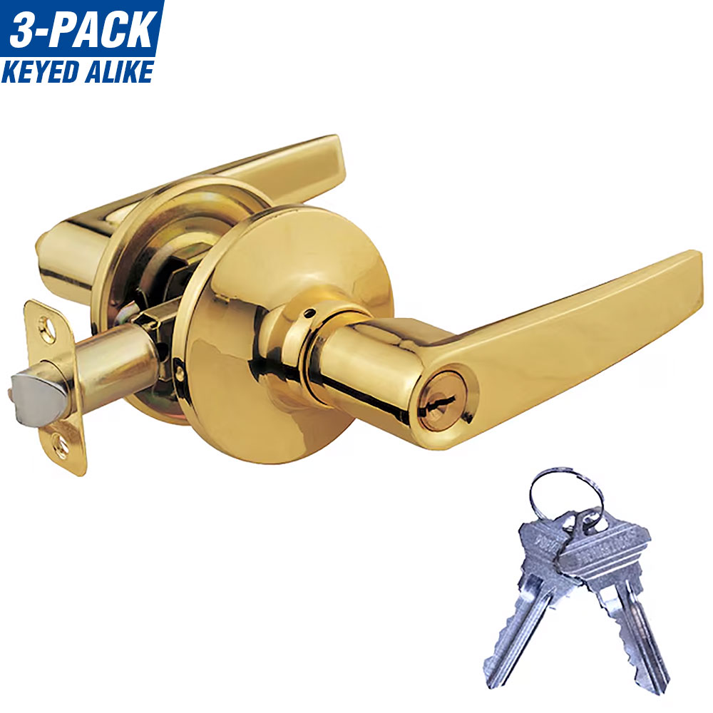 Premier Lock LEV01X-3 Polished Brass Universal Interior Hall/Closet Keyed entry Door Handle Multi-pack 3 -Pack