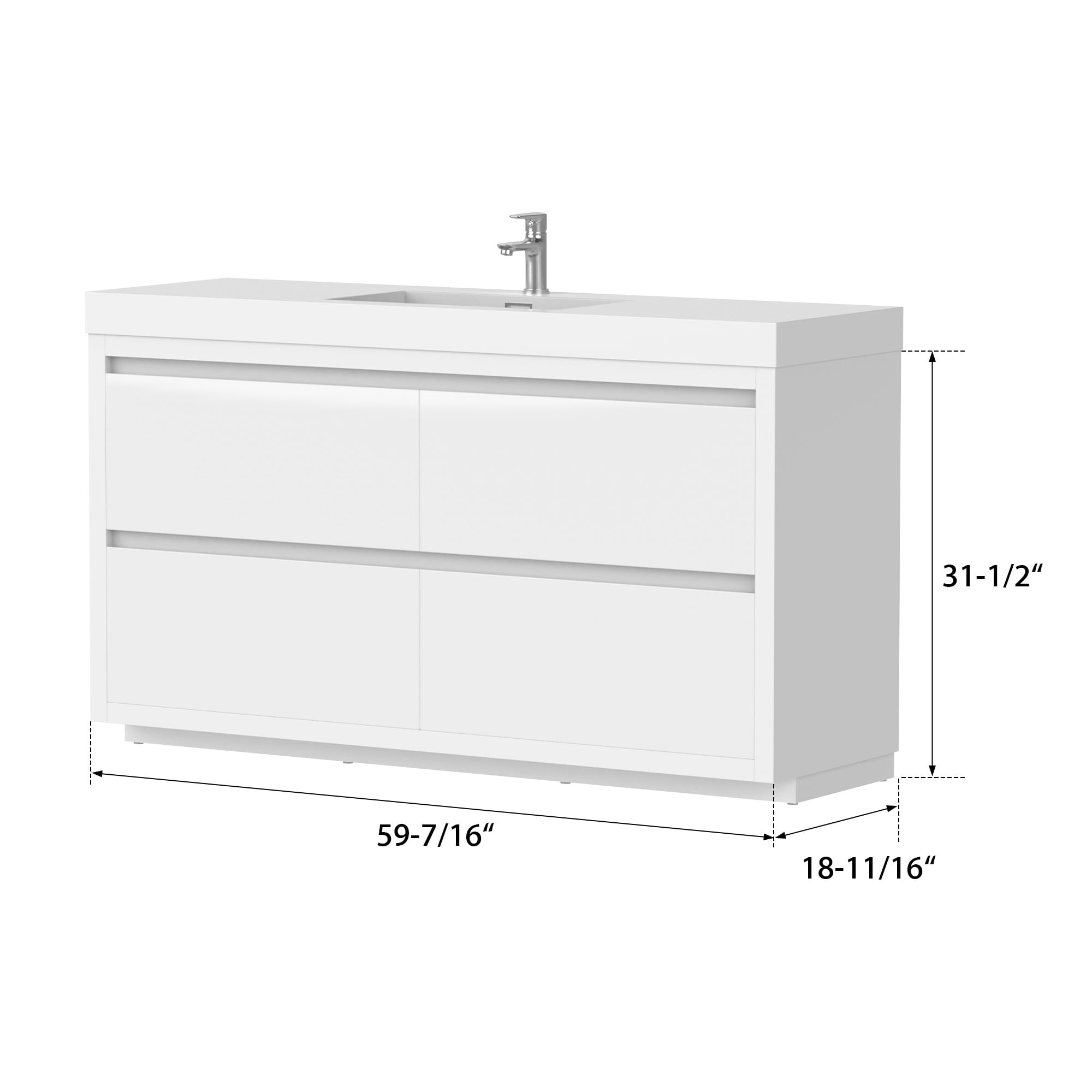 Glossy White 60-Inch Single Sink Bathroom Vanity with Resin Top