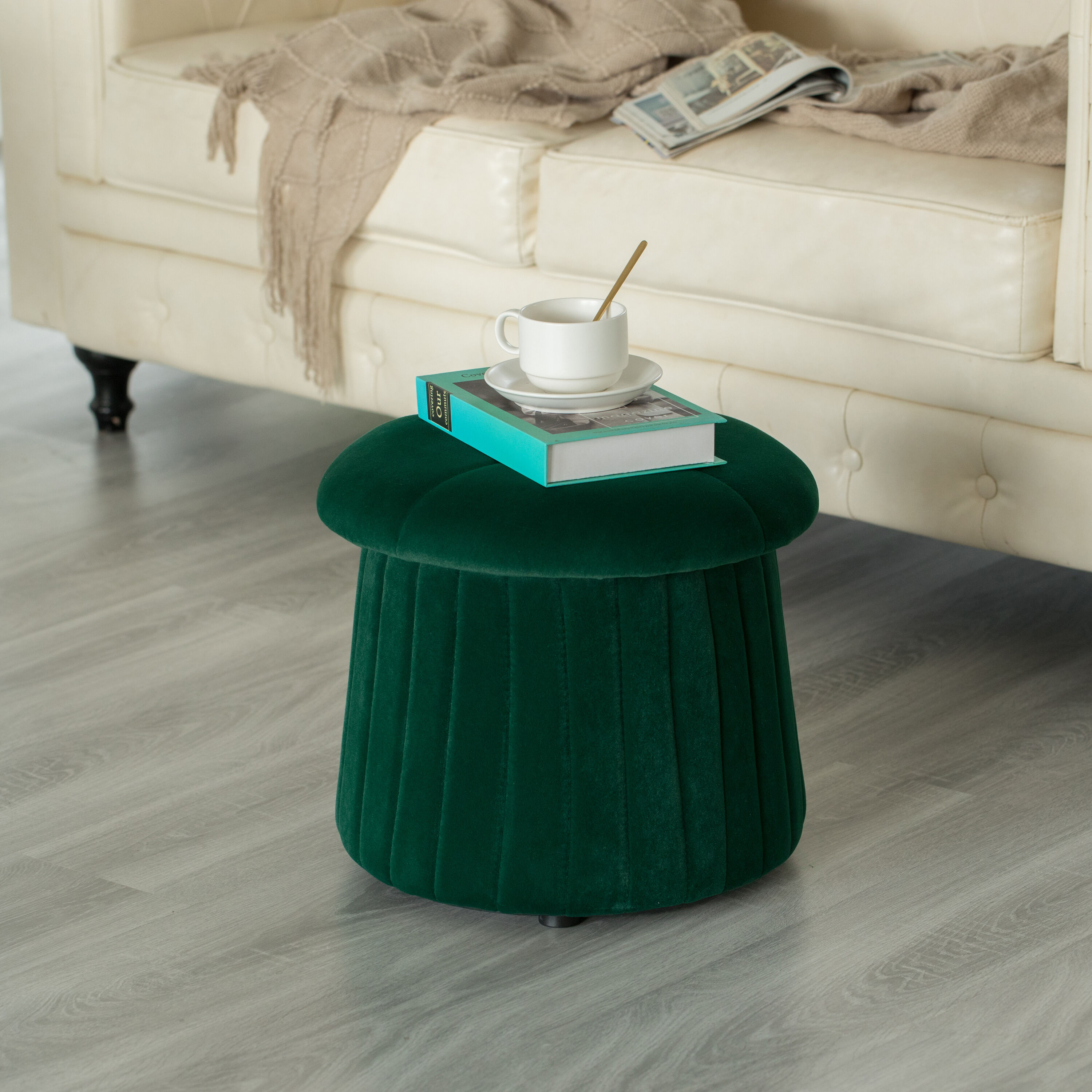 Modern Green Velvet Tufted Round Footstool with Storage