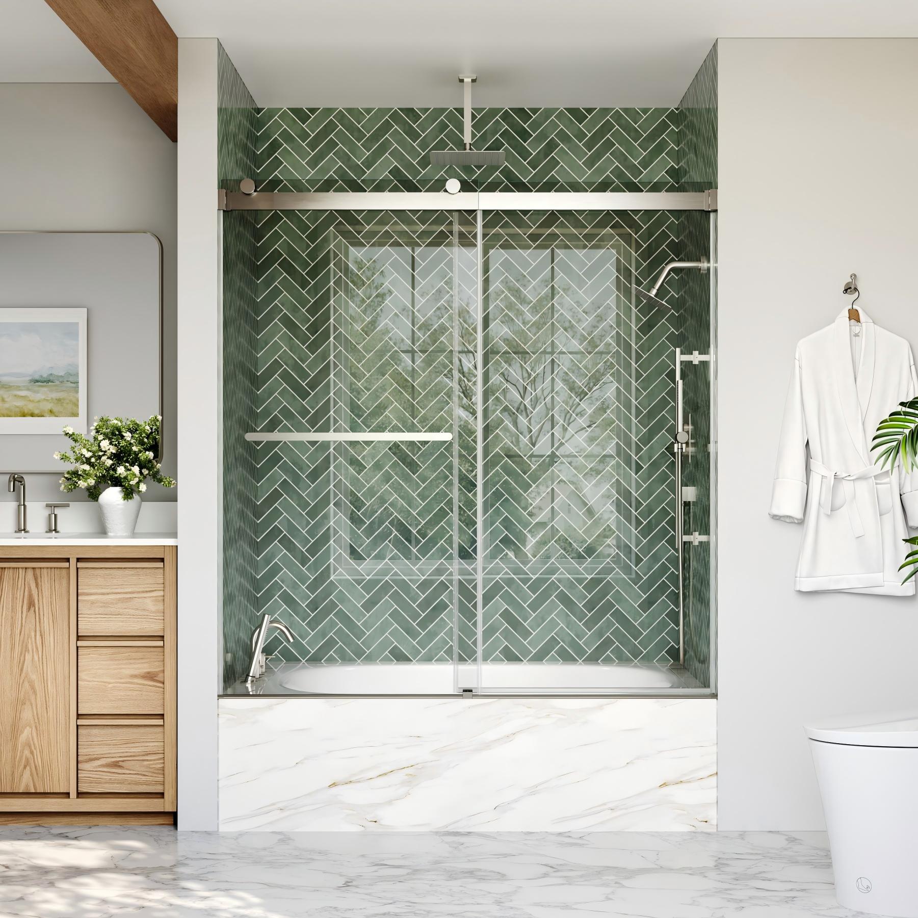 WELLFOR - ARIA Brushed Nickel 56-in to 60-in W x 62-in H Frameless Bypass Sliding Bathtub Door