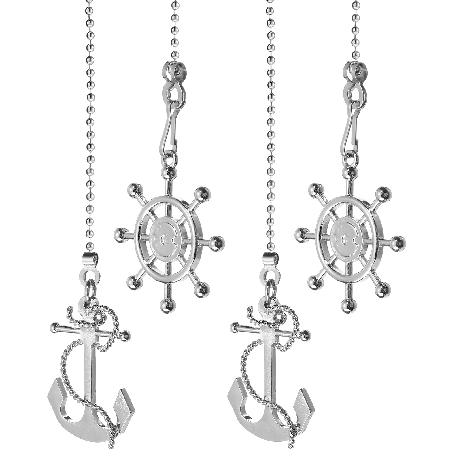 Afoxsos  Nautical Ceiling Fan Pull Chain Extender Set of Four Vintage Anchor and Wheel Design with Fourteen Inches Chain for Bathroom Toilet