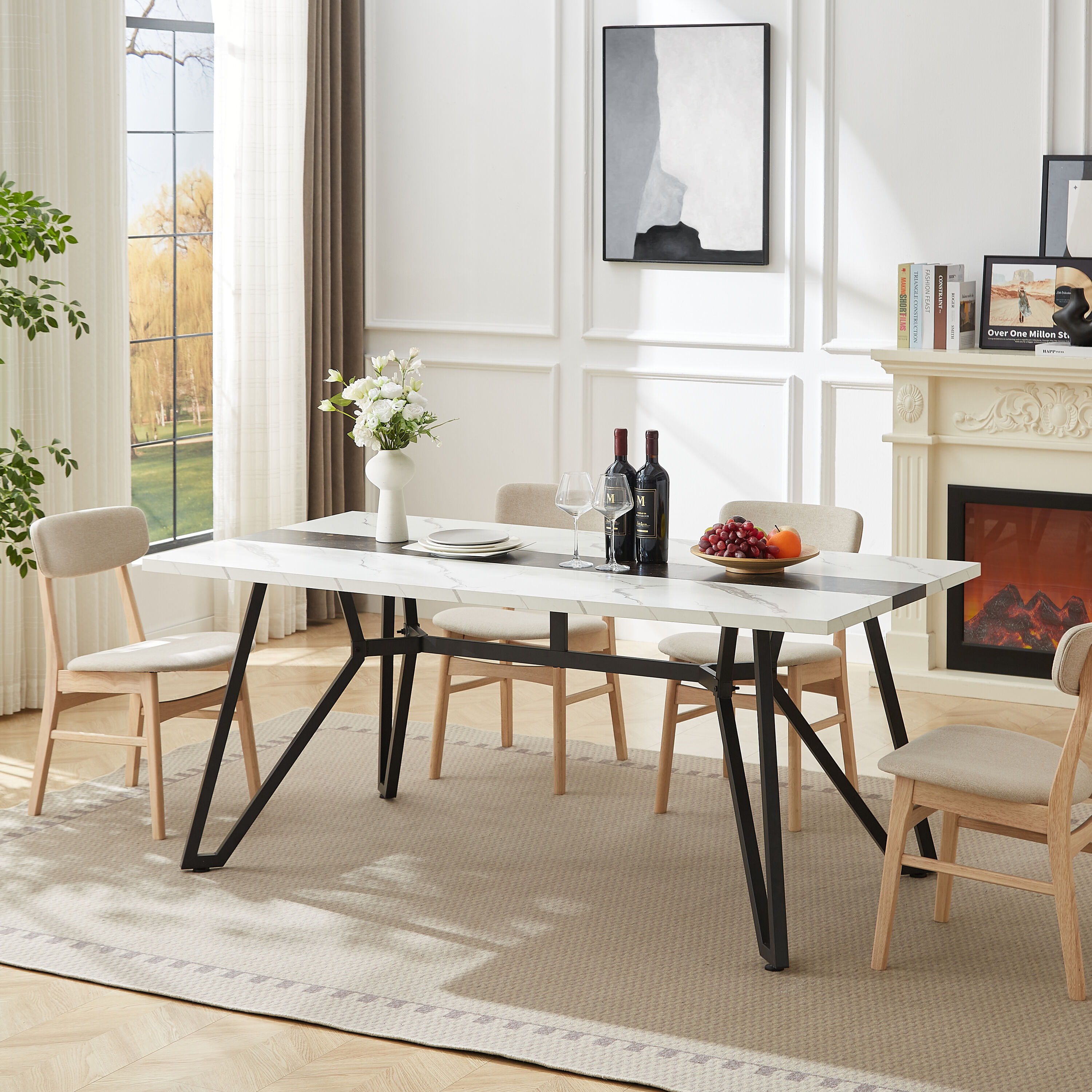 LOVMOR SF-Y-W1668P278055 70.9in Rectangular Large Dining Table Marble Grain Waterproof Large Desk for 8 People Deluxe Family Dining Table with Adjustable Legs for Kitchen Living Room Office White