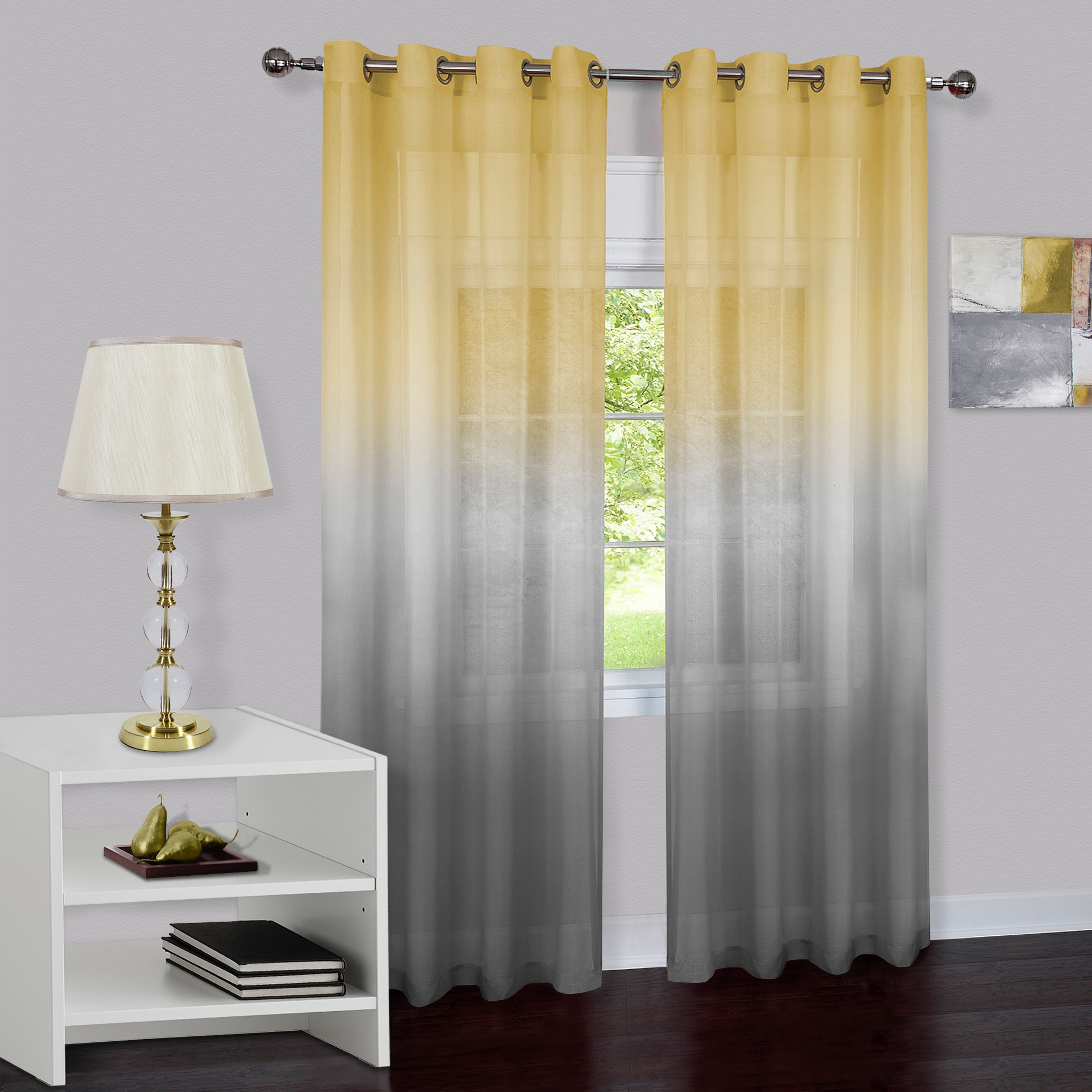 Grey and Yellow Ombre Sheer Grommet Curtain Panel